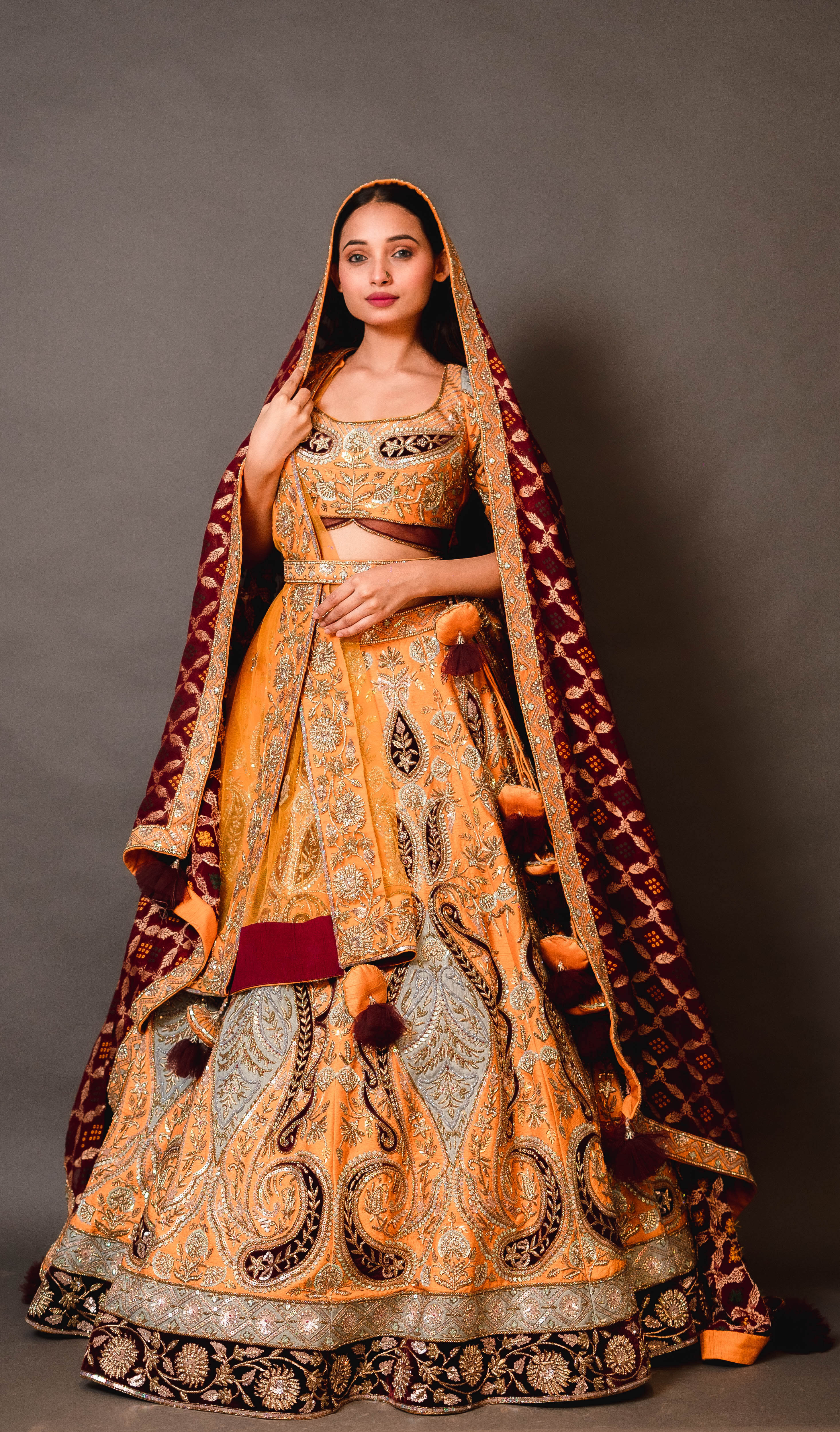 Mustard Yellow Silk Lehenga with Maroon Banarasi Duppata