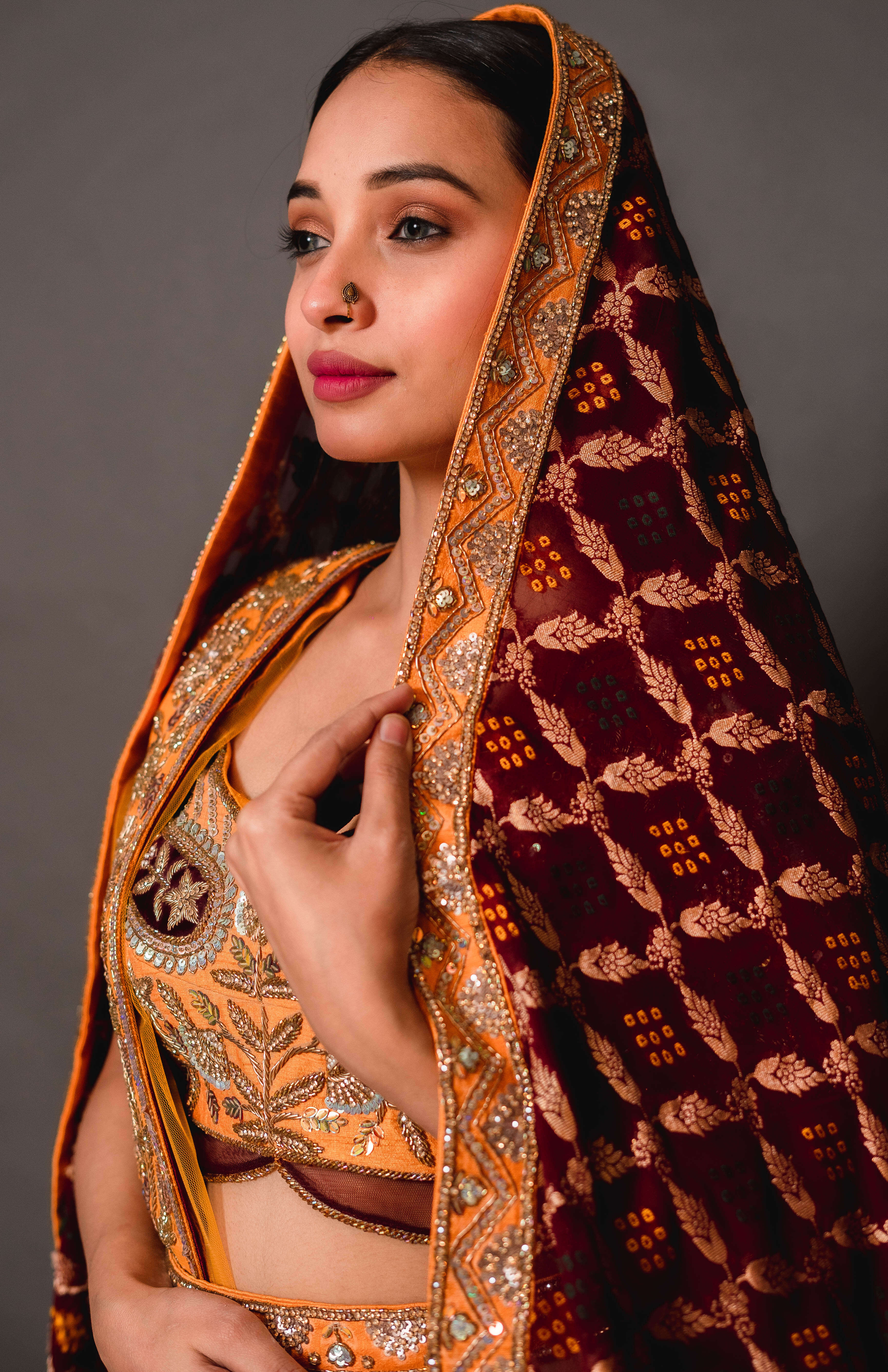 Mustard Yellow Silk Lehenga with Maroon Banarasi Duppata