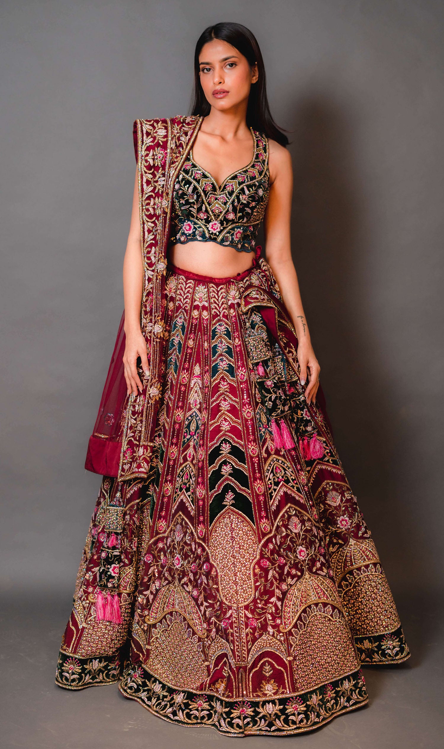 Hot Pink Velvet Bridal Lehenga with Emerald Green Blouse