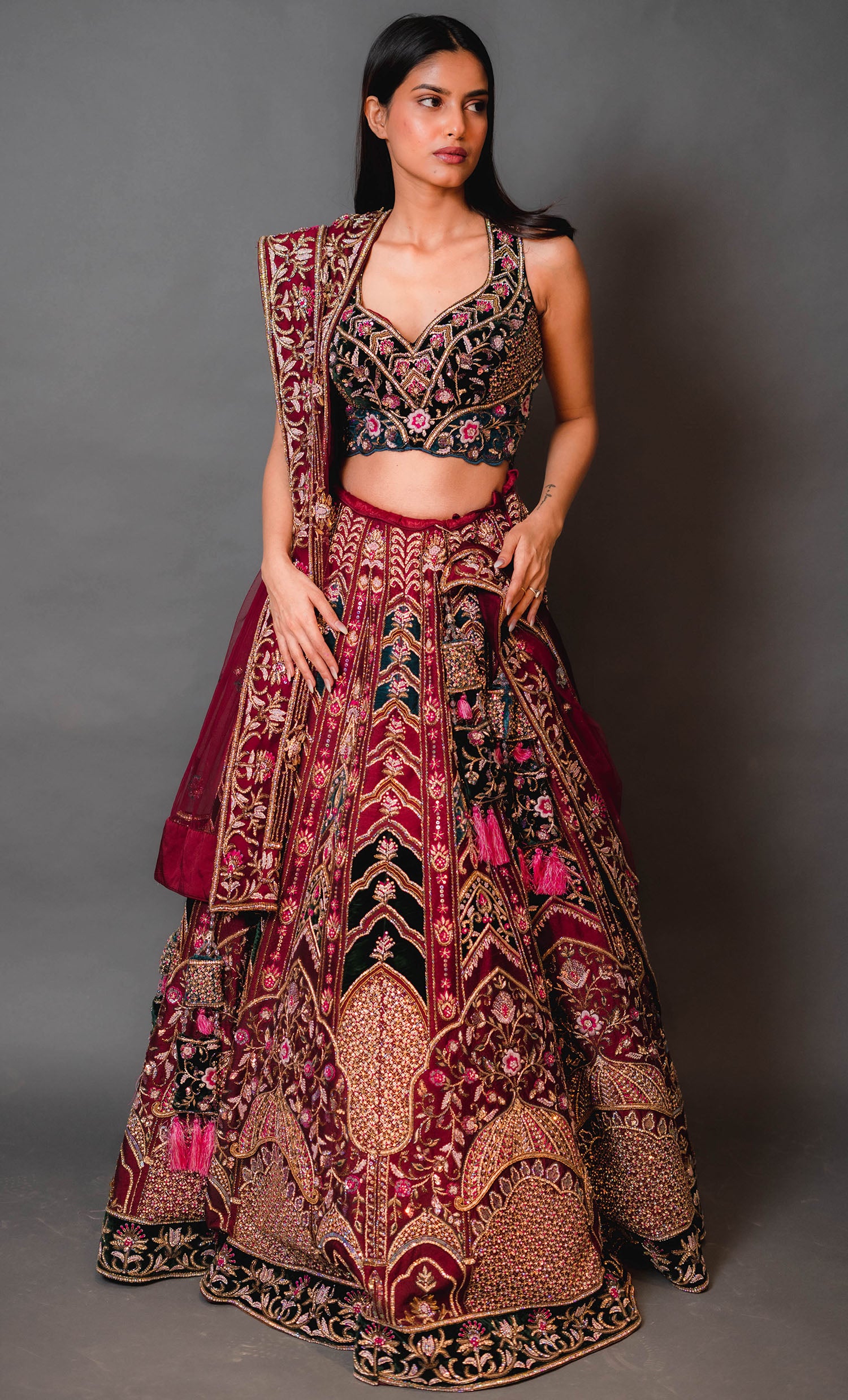 Hot Pink Velvet Bridal Lehenga with Emerald Green Blouse