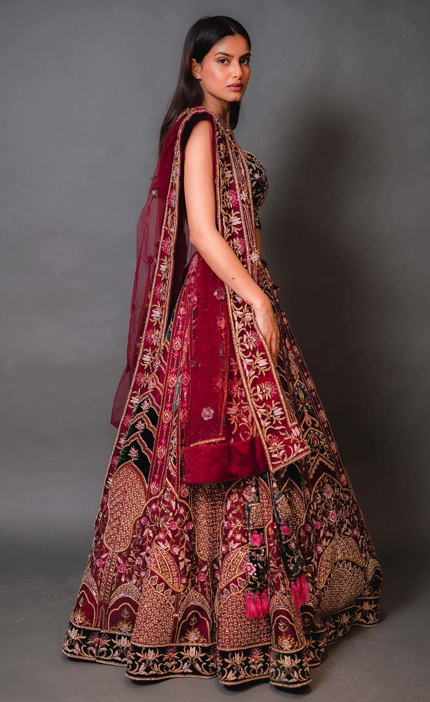 Hot Pink Velvet Bridal Lehenga with Emerald Green Blouse