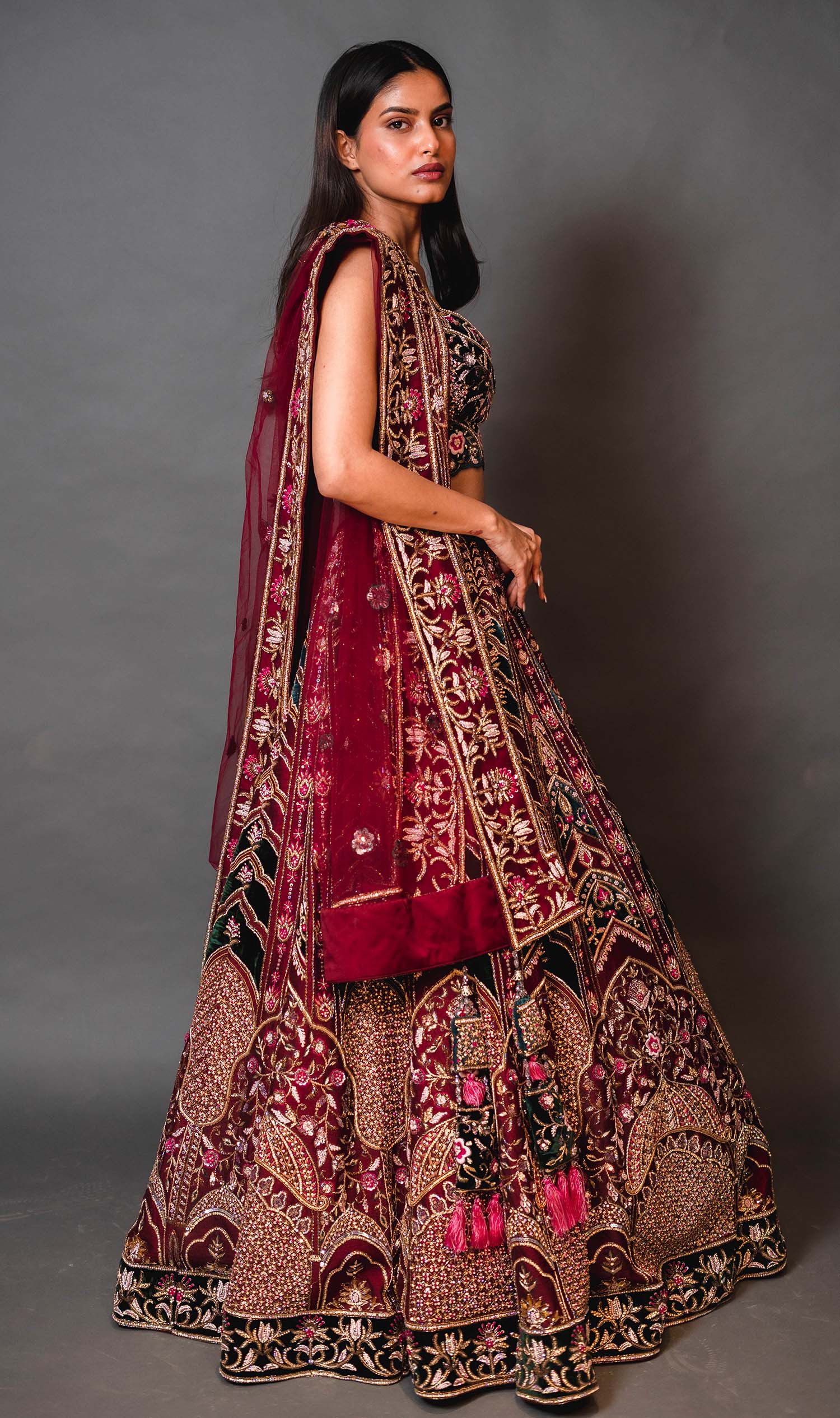 Hot Pink Velvet Bridal Lehenga with Emerald Green Blouse