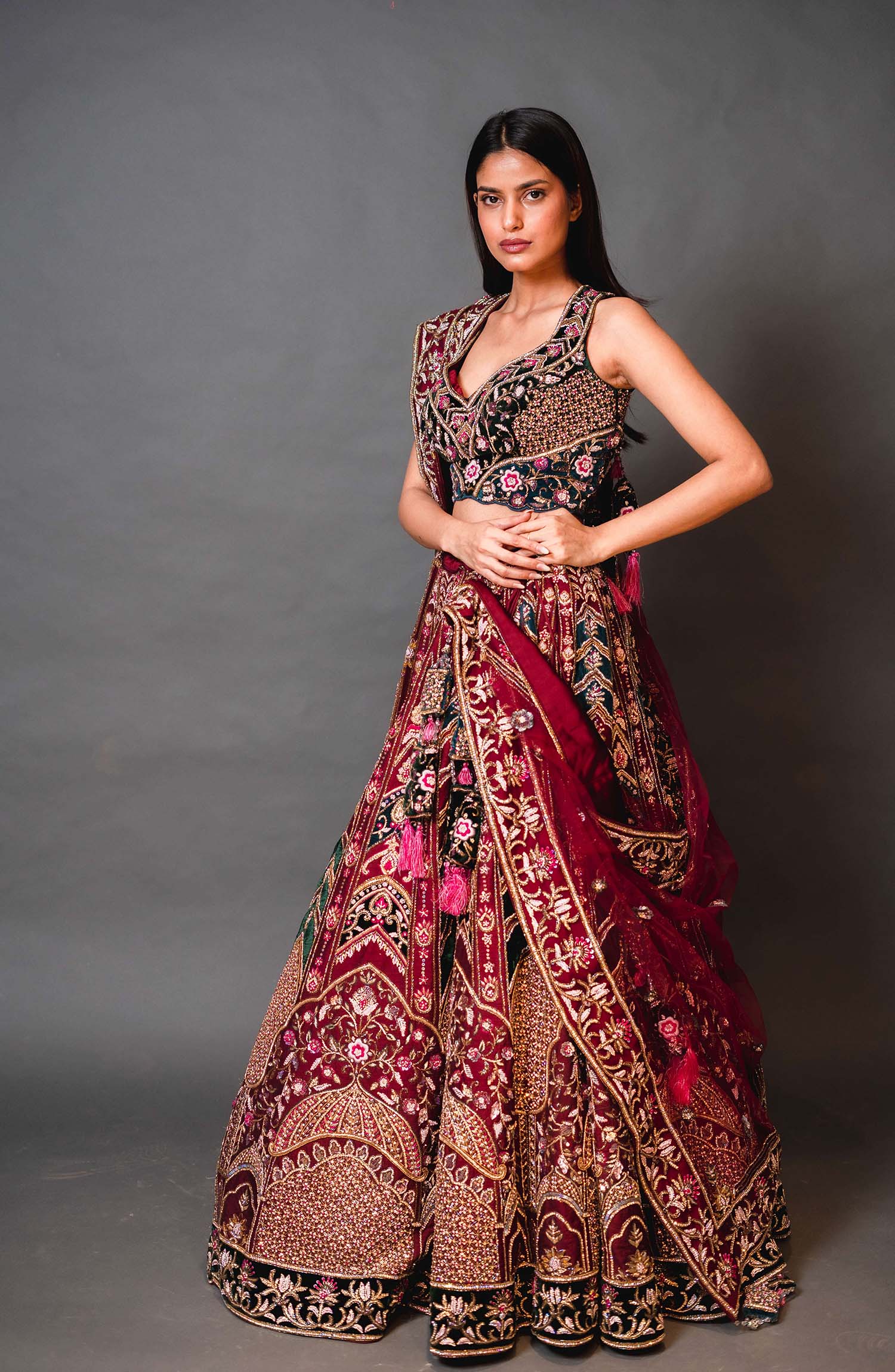 Hot Pink Velvet Bridal Lehenga with Emerald Green Blouse