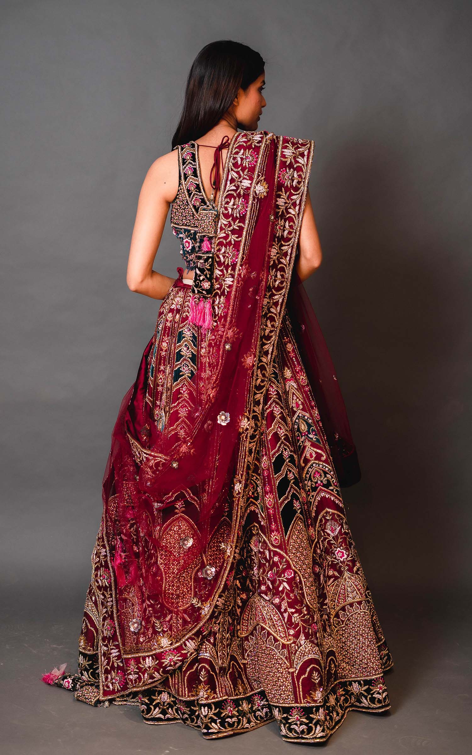 Hot Pink Velvet Bridal Lehenga with Emerald Green Blouse