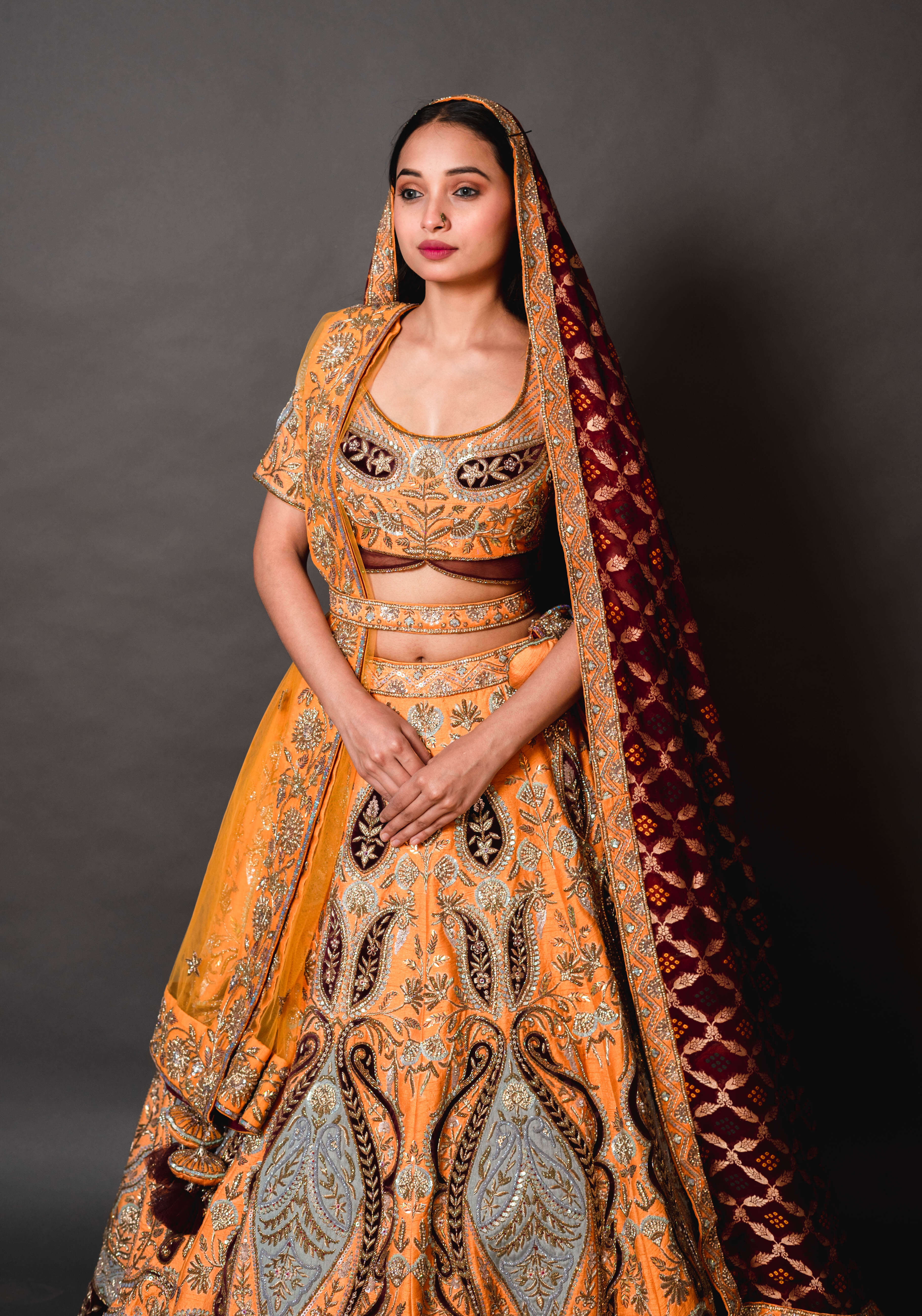 Mustard Yellow Silk Lehenga with Maroon Banarasi Duppata