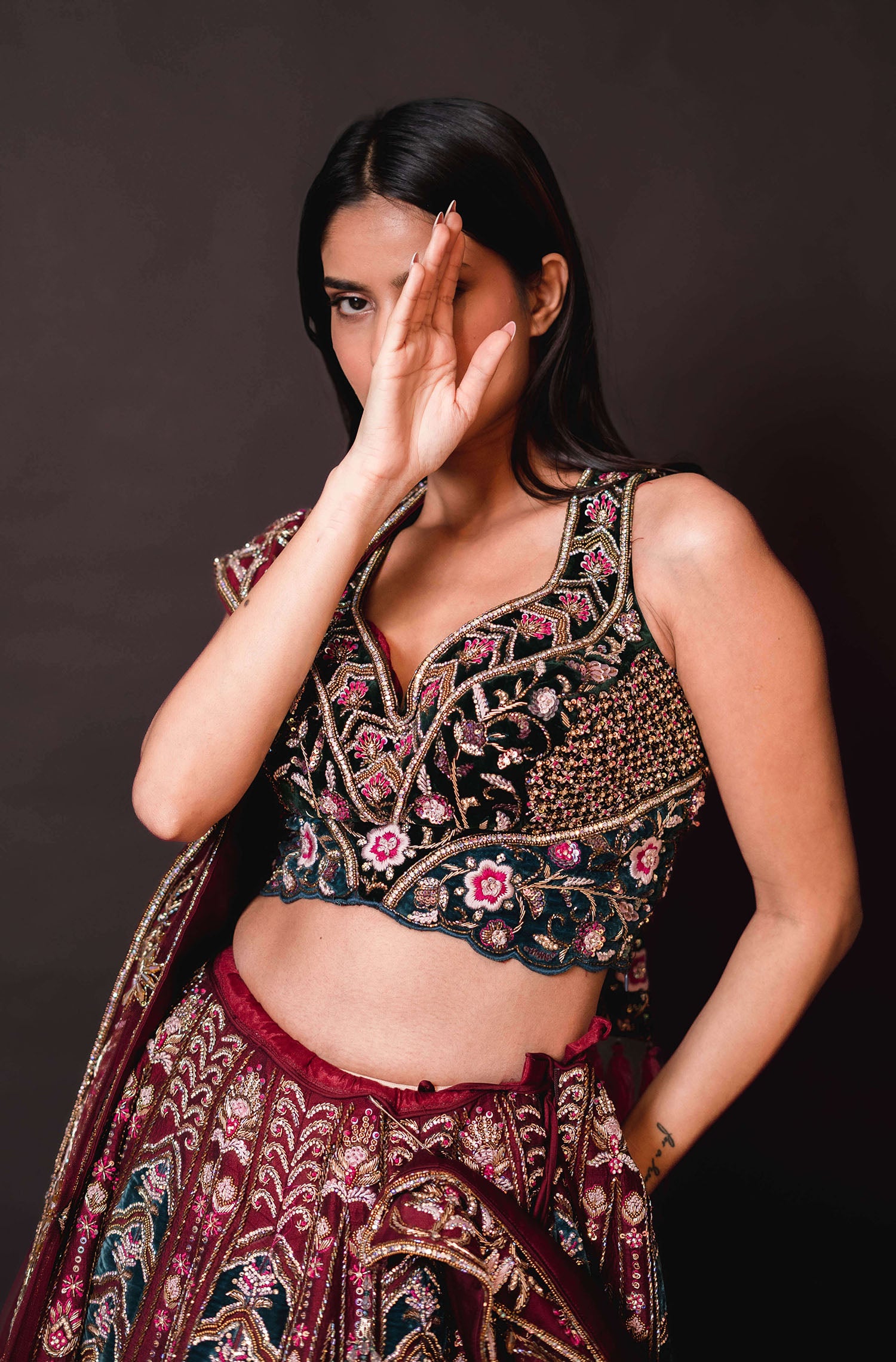 Hot Pink Velvet Bridal Lehenga with Emerald Green Blouse