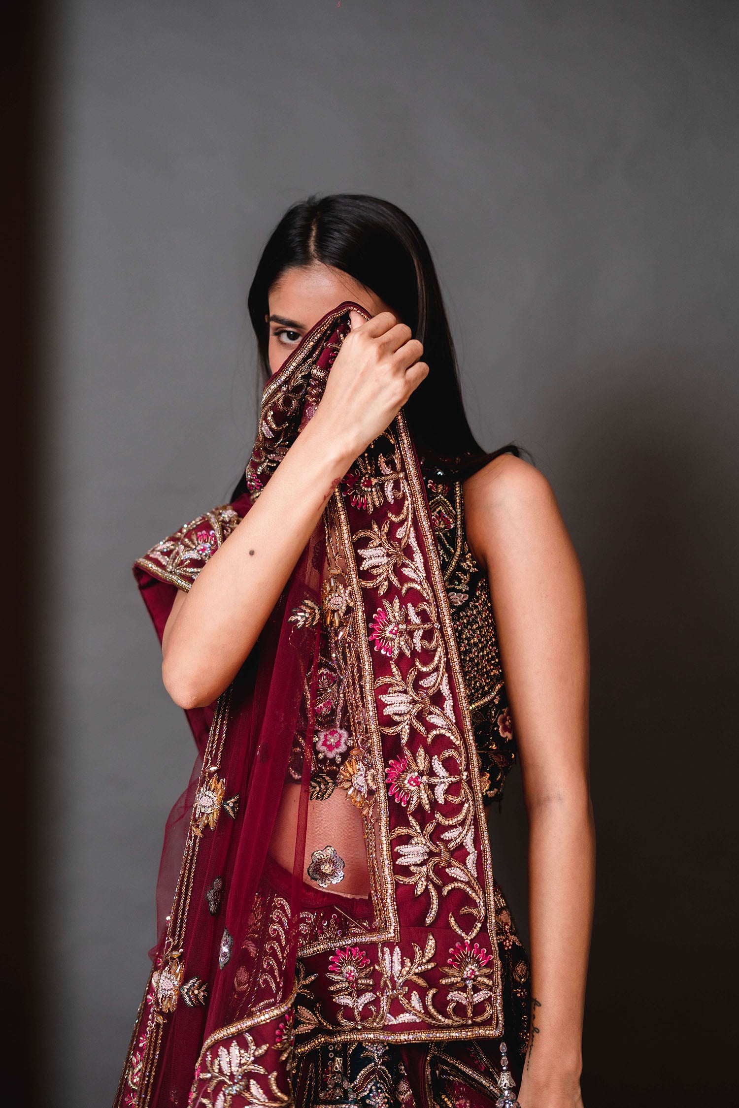 Hot Pink Velvet Bridal Lehenga with Emerald Green Blouse