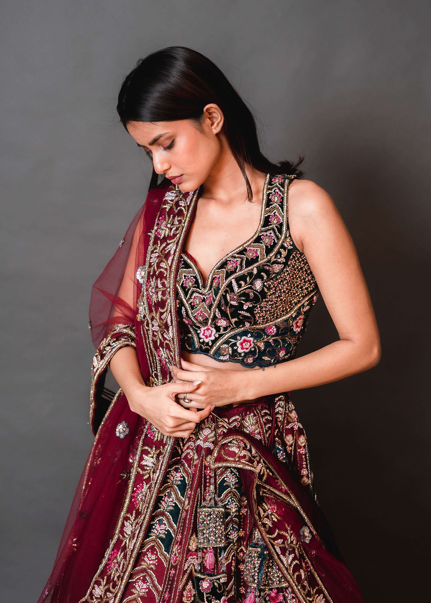 Hot Pink Velvet Bridal Lehenga with Emerald Green Blouse