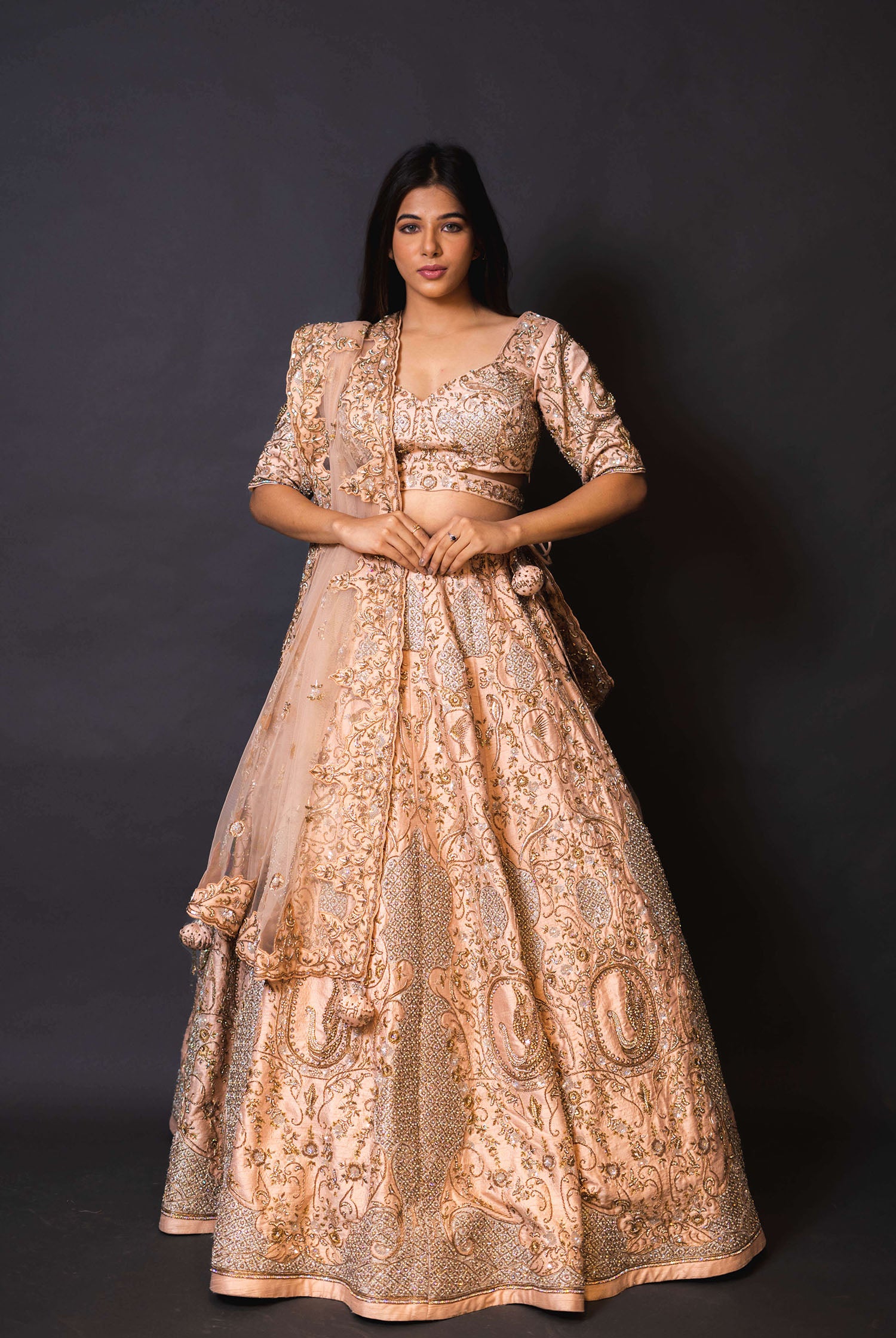 Peach Silk Lehenga with Pearl Work