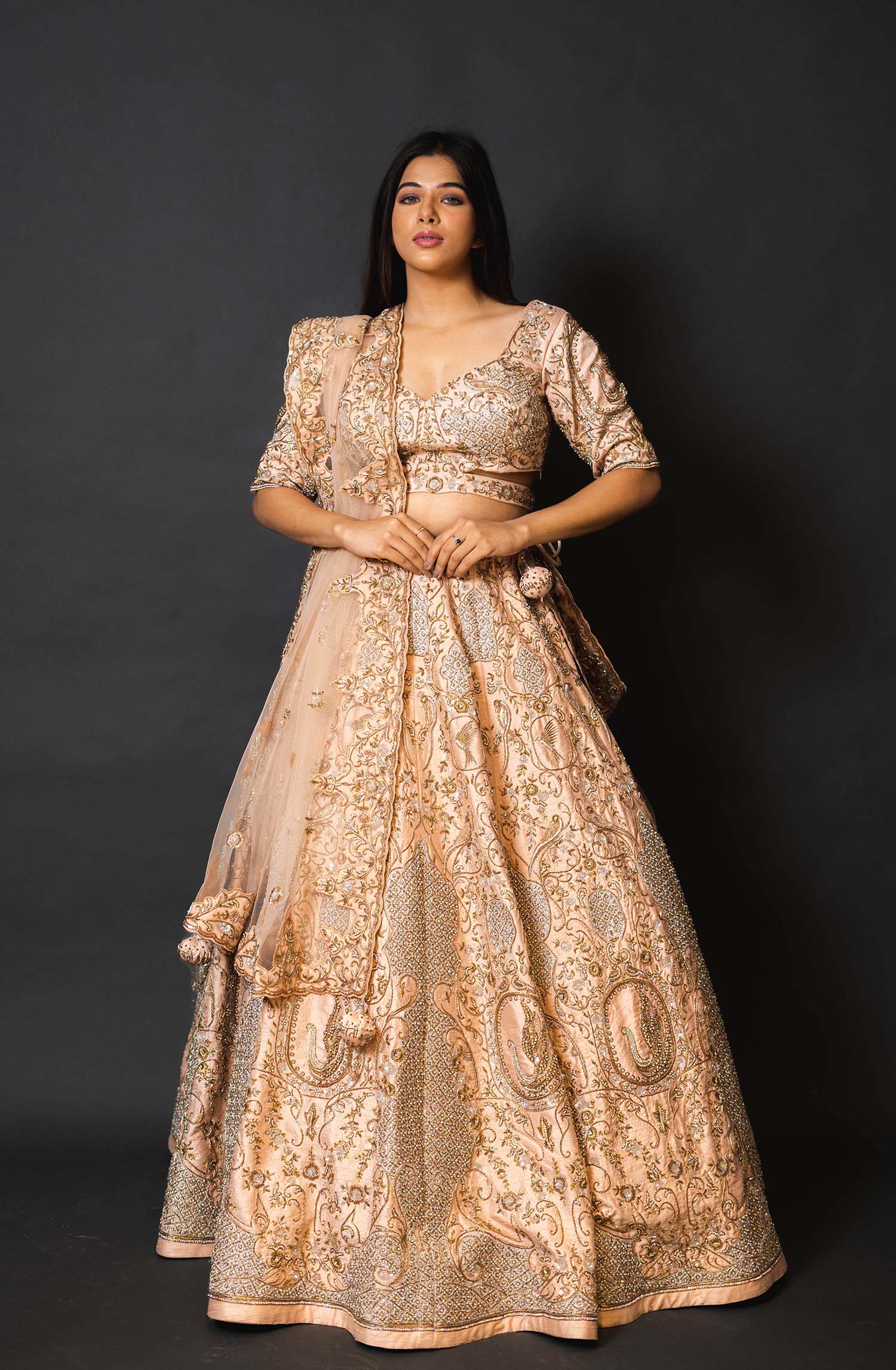 Peach Silk Lehenga with Pearl Work