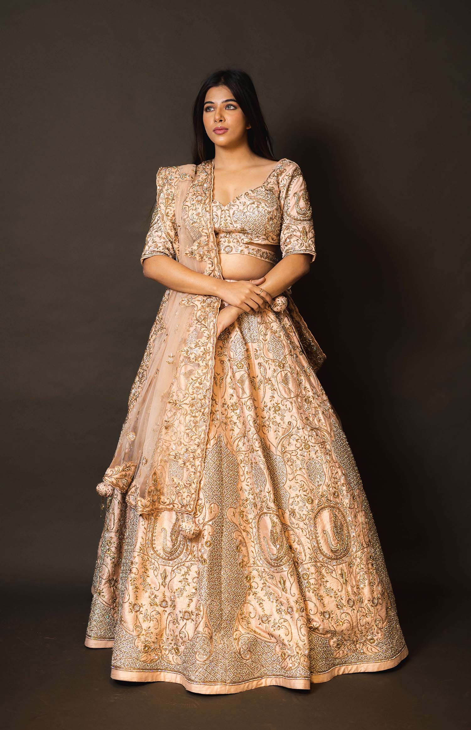 Peach Silk Lehenga with Pearl Work