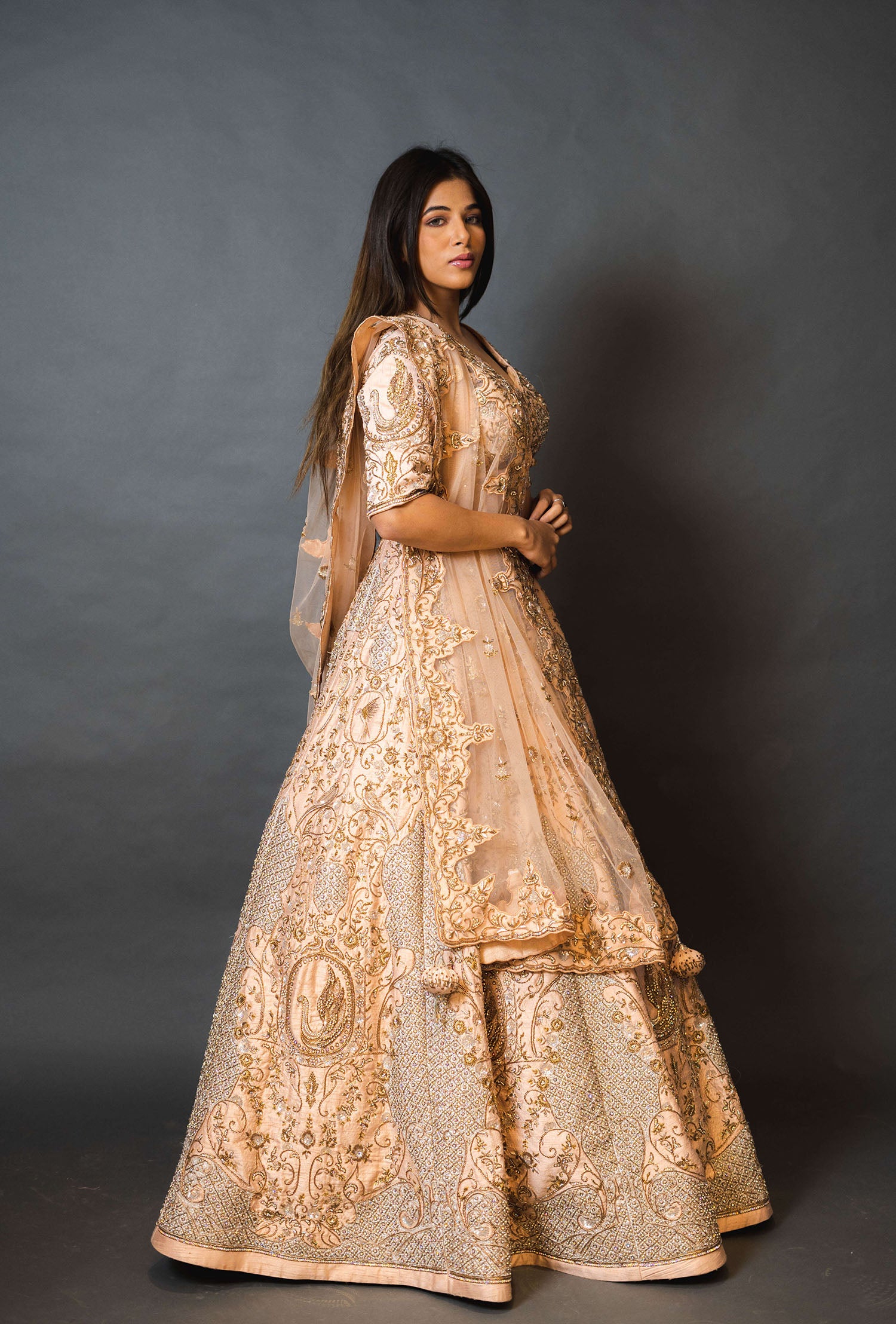 Peach Silk Lehenga with Pearl Work