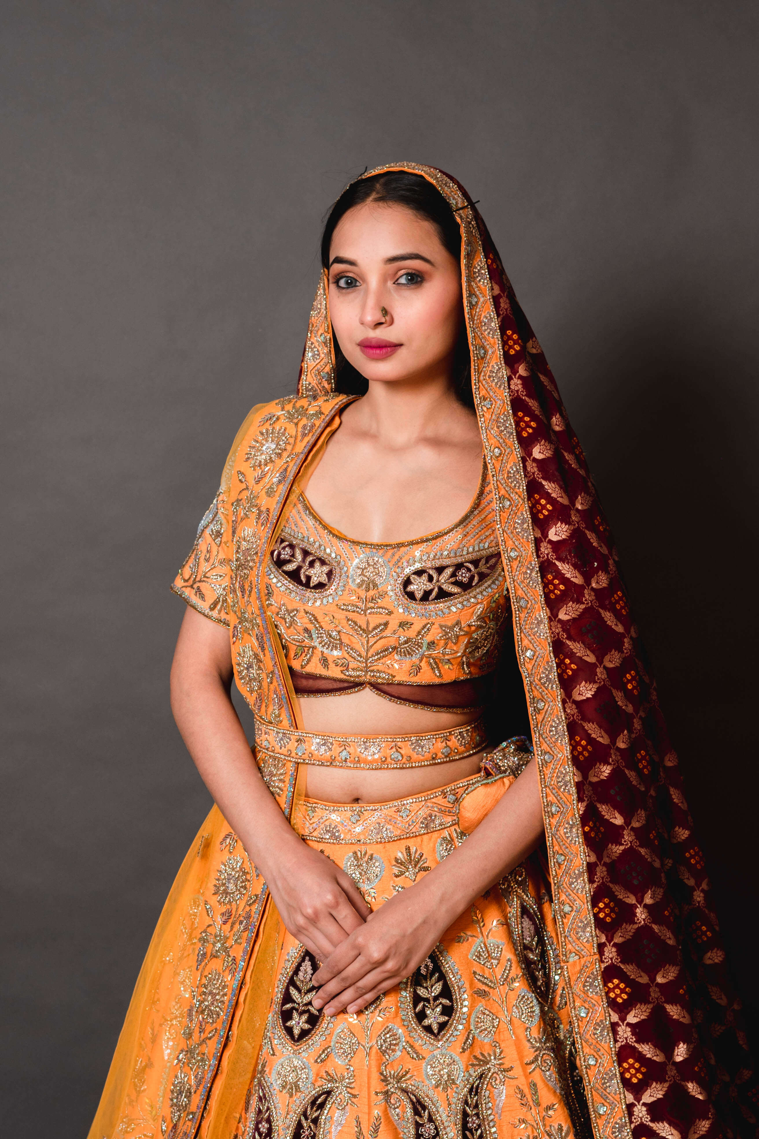 Mustard Yellow Silk Lehenga with Maroon Banarasi Duppata