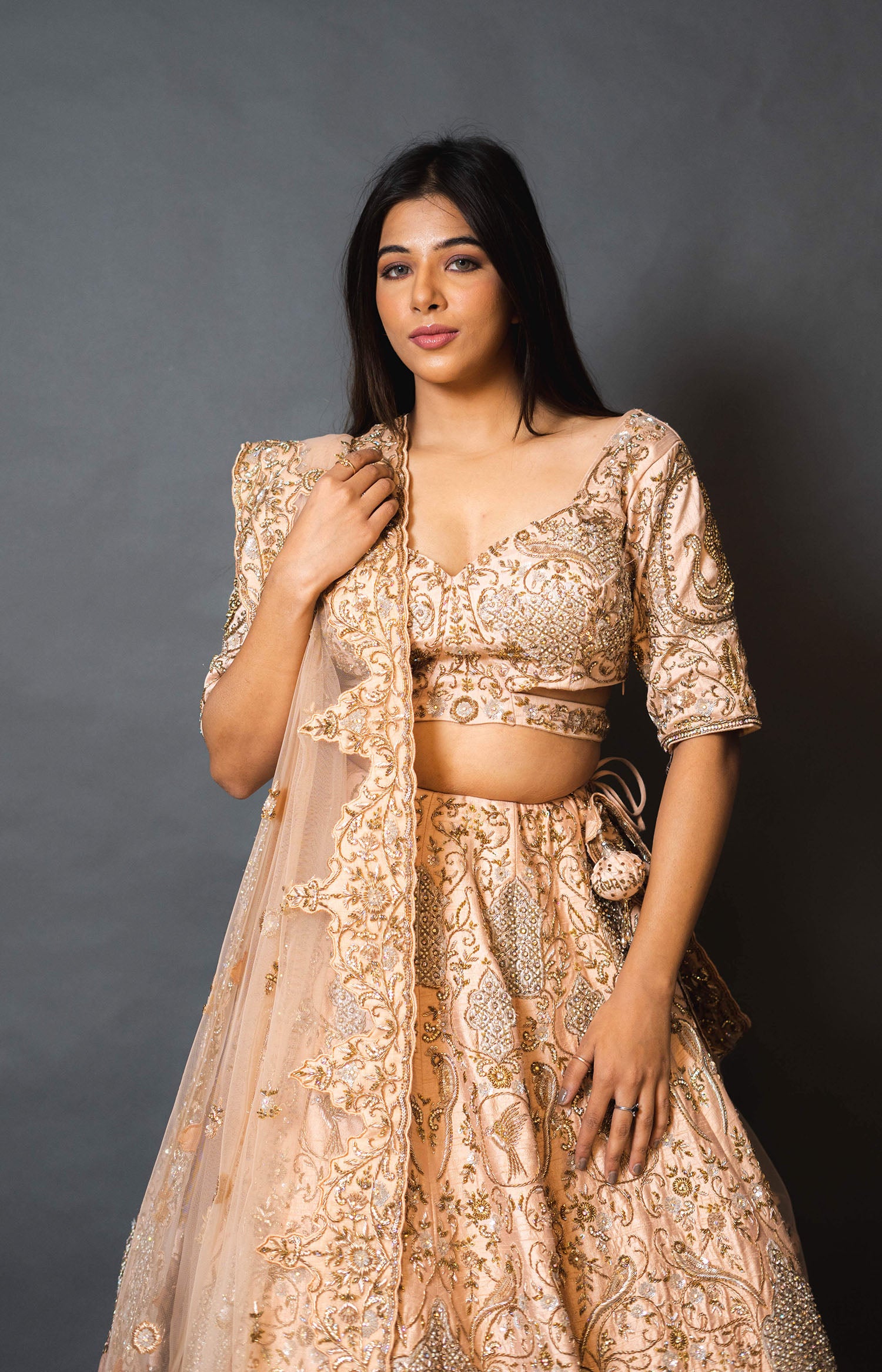 Peach Silk Lehenga with Pearl Work