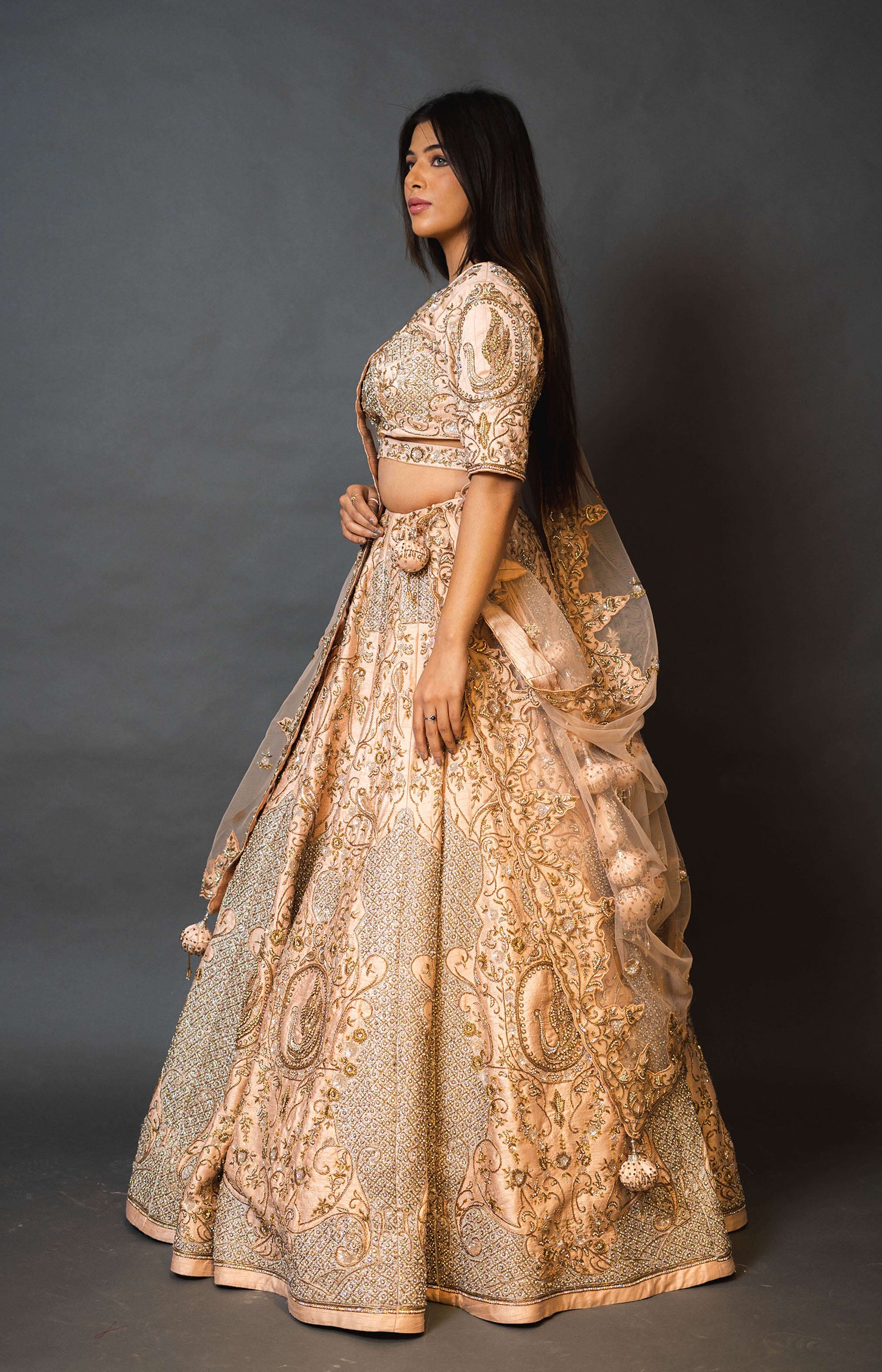 Peach Silk Lehenga with Pearl Work