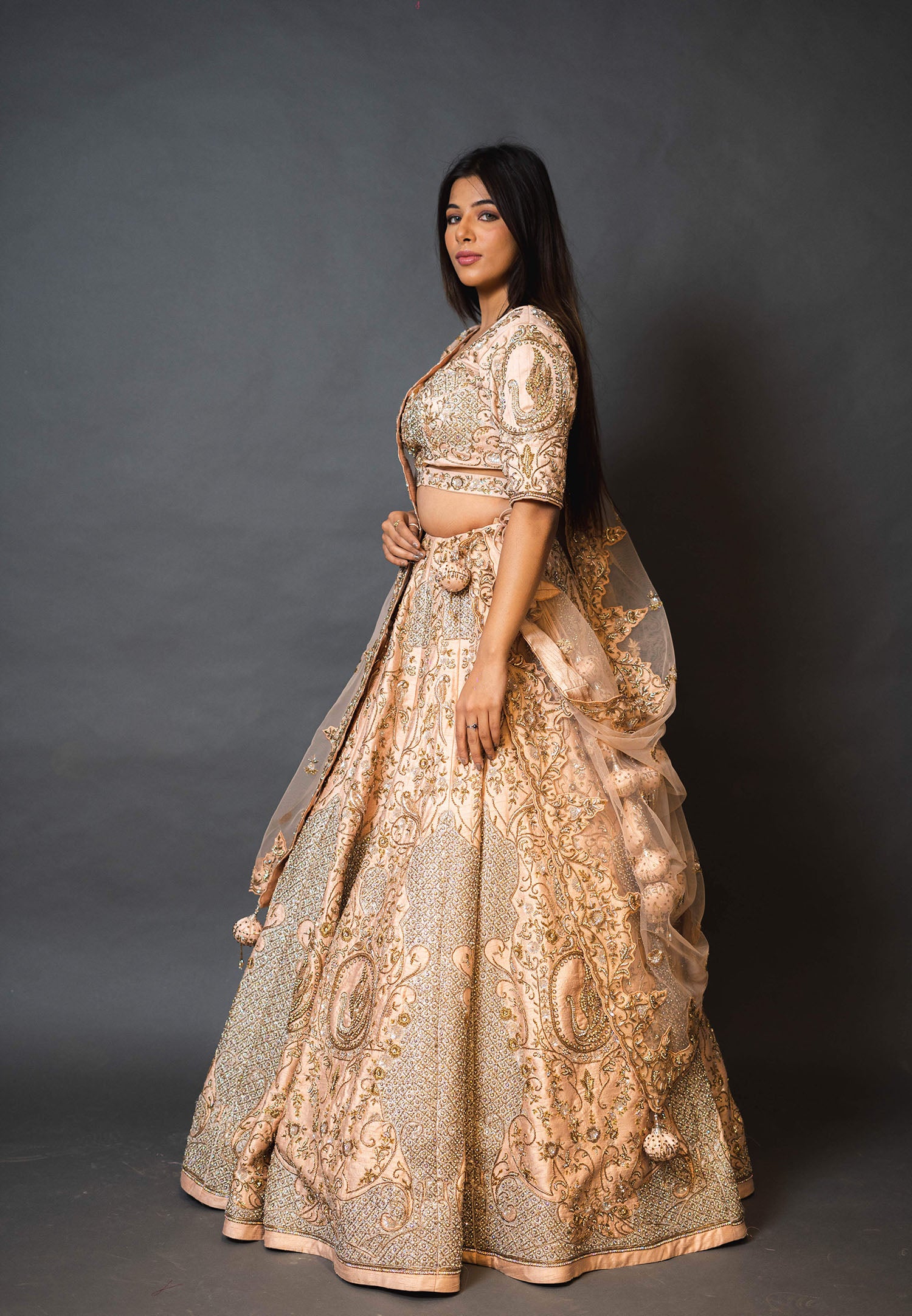 Peach Silk Lehenga with Pearl Work