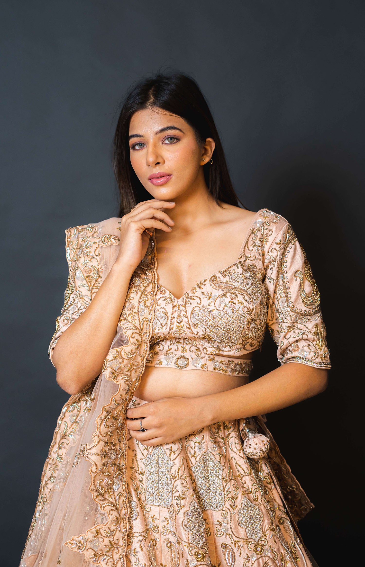 Peach Silk Lehenga with Pearl Work