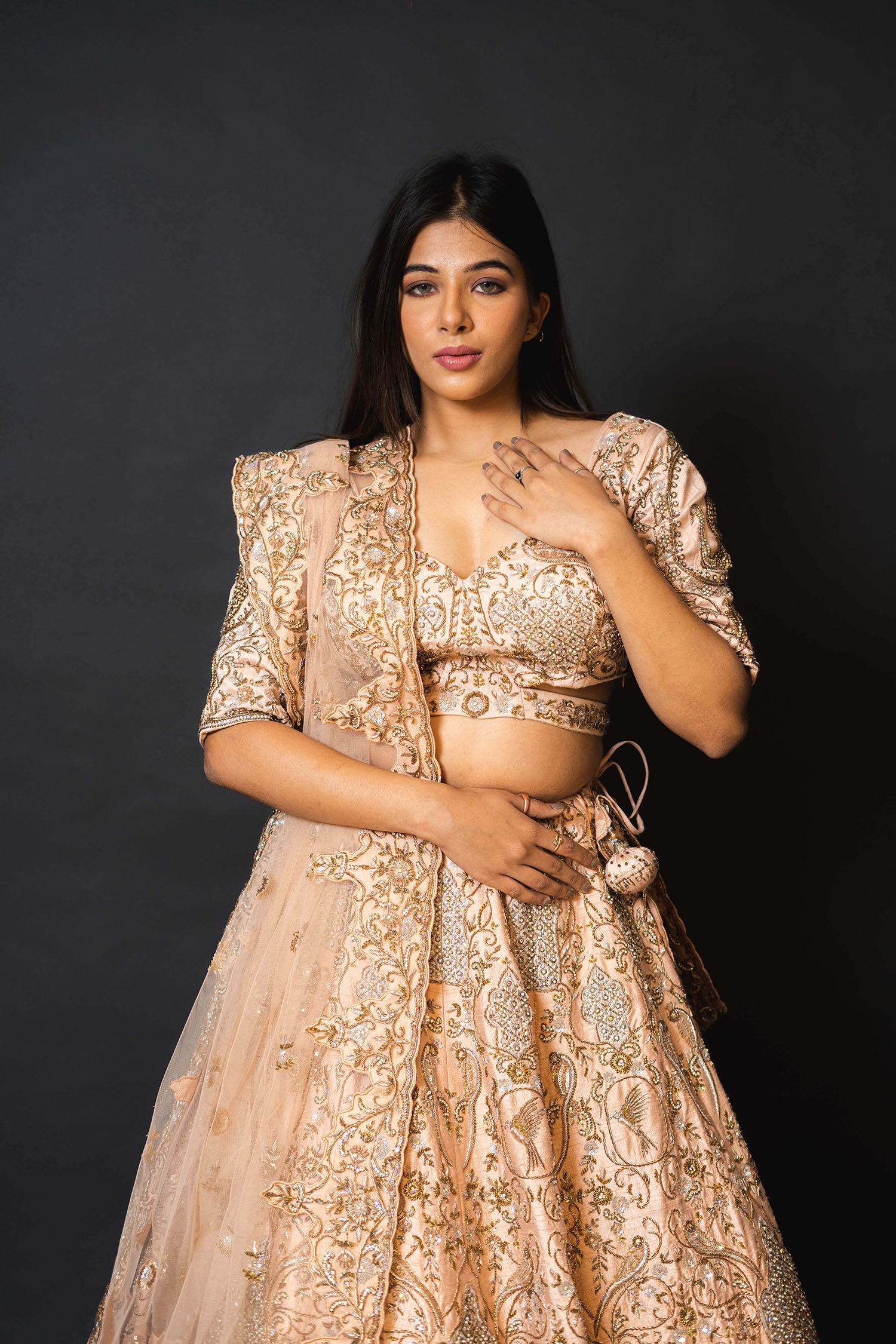 Peach Silk Lehenga with Pearl Work