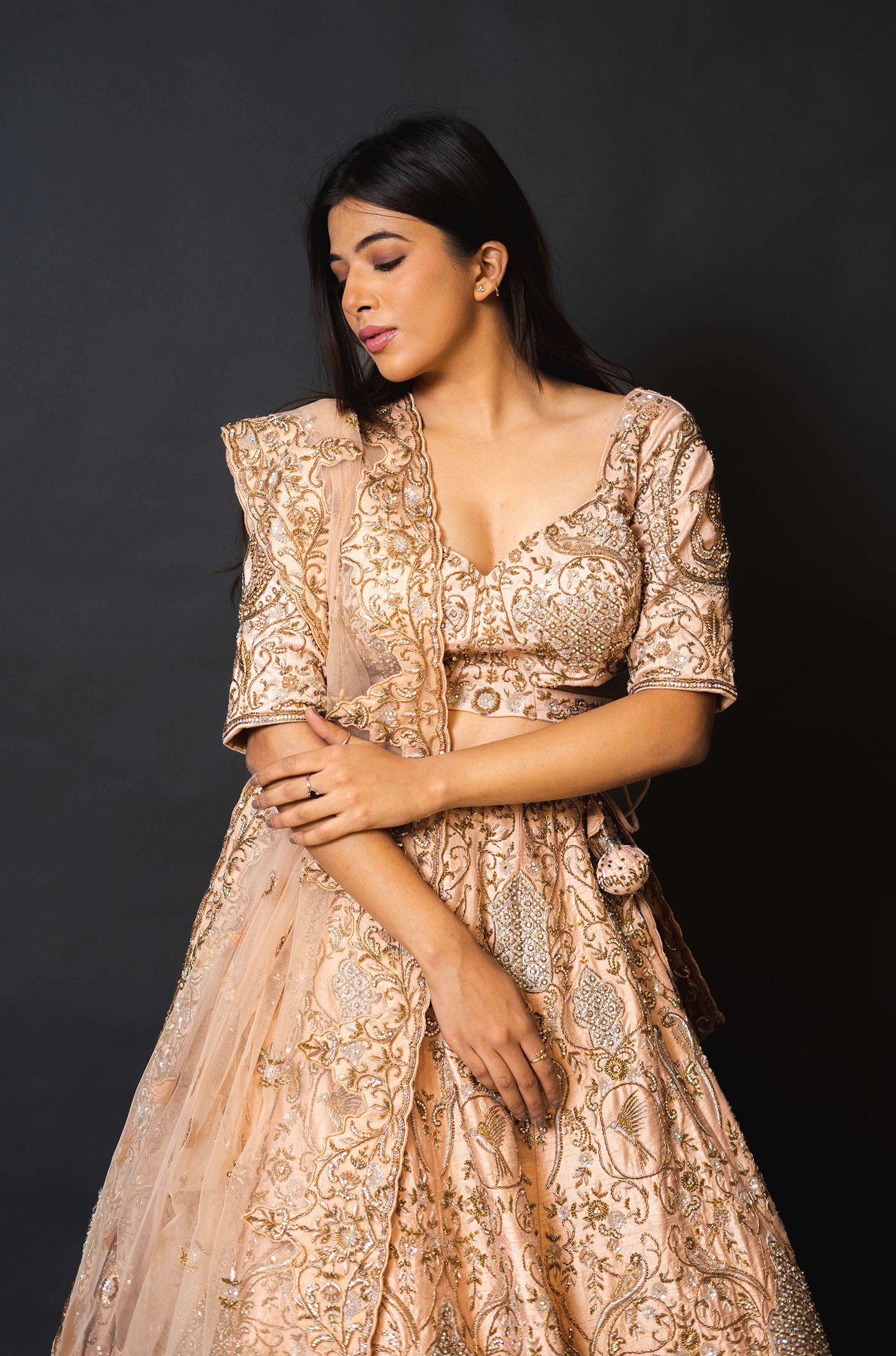 Peach Silk Lehenga with Pearl Work
