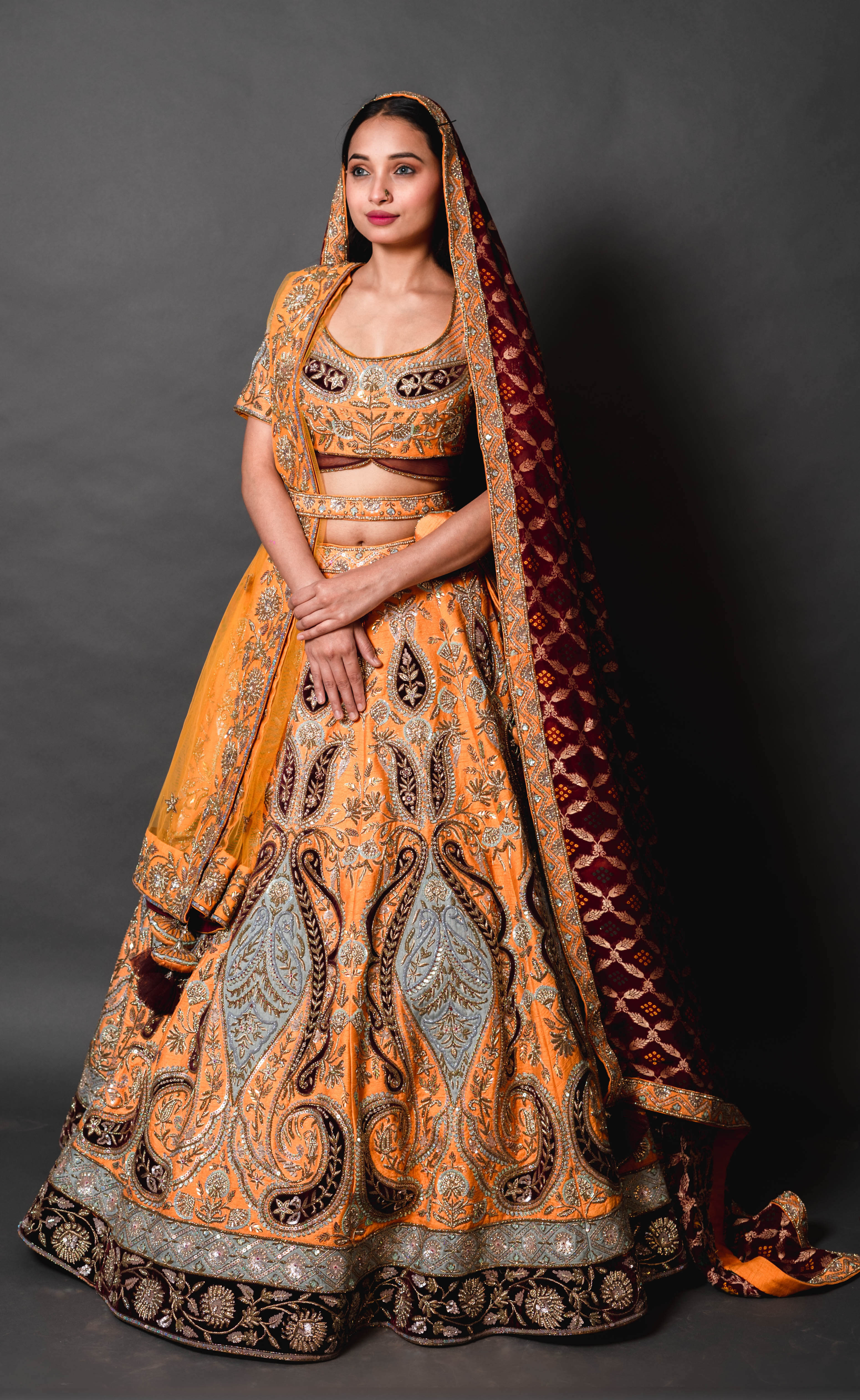 Mustard Yellow Silk Lehenga with Maroon Banarasi Duppata