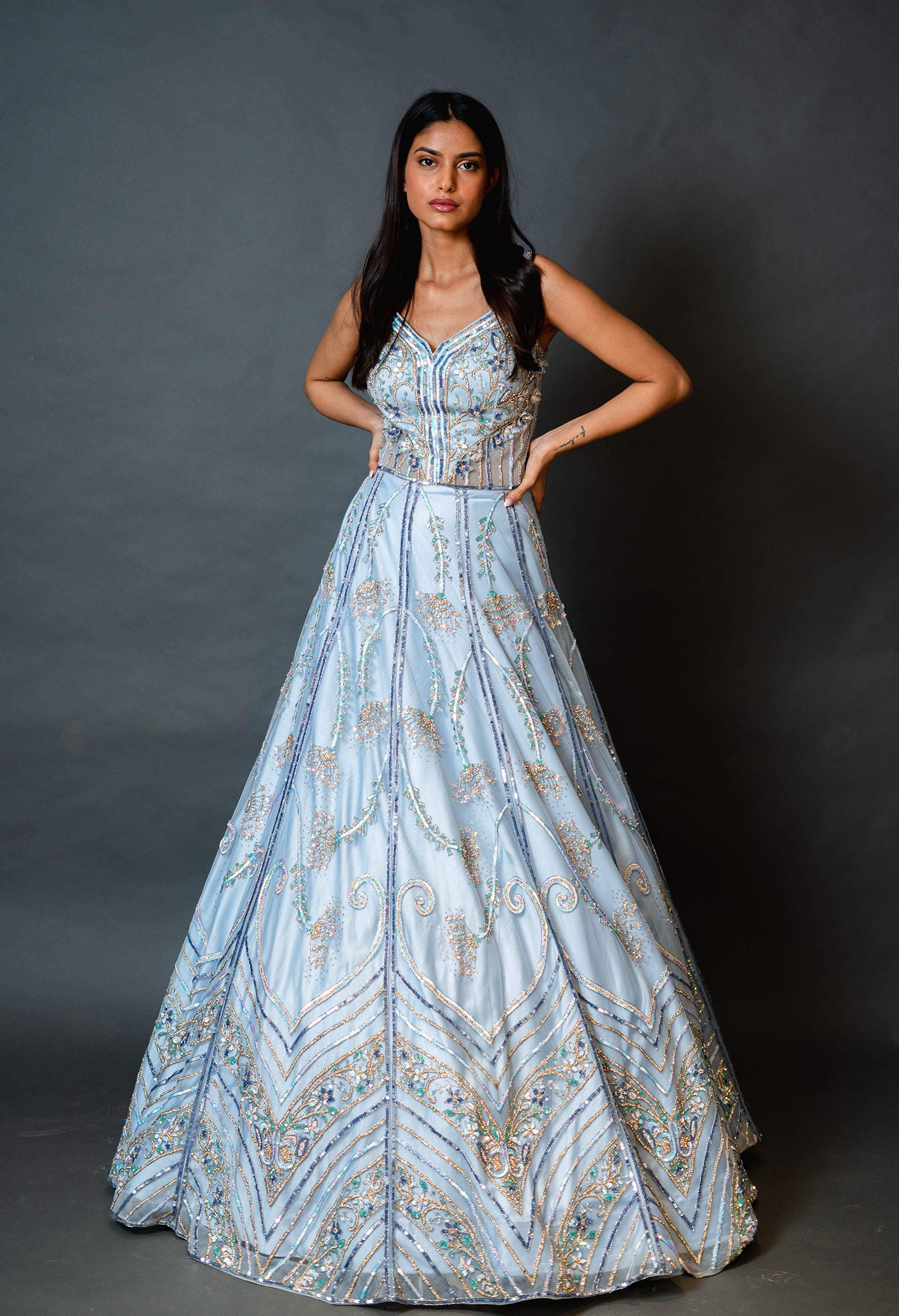 Sky Blue Bridal Gown With Multicolour Work