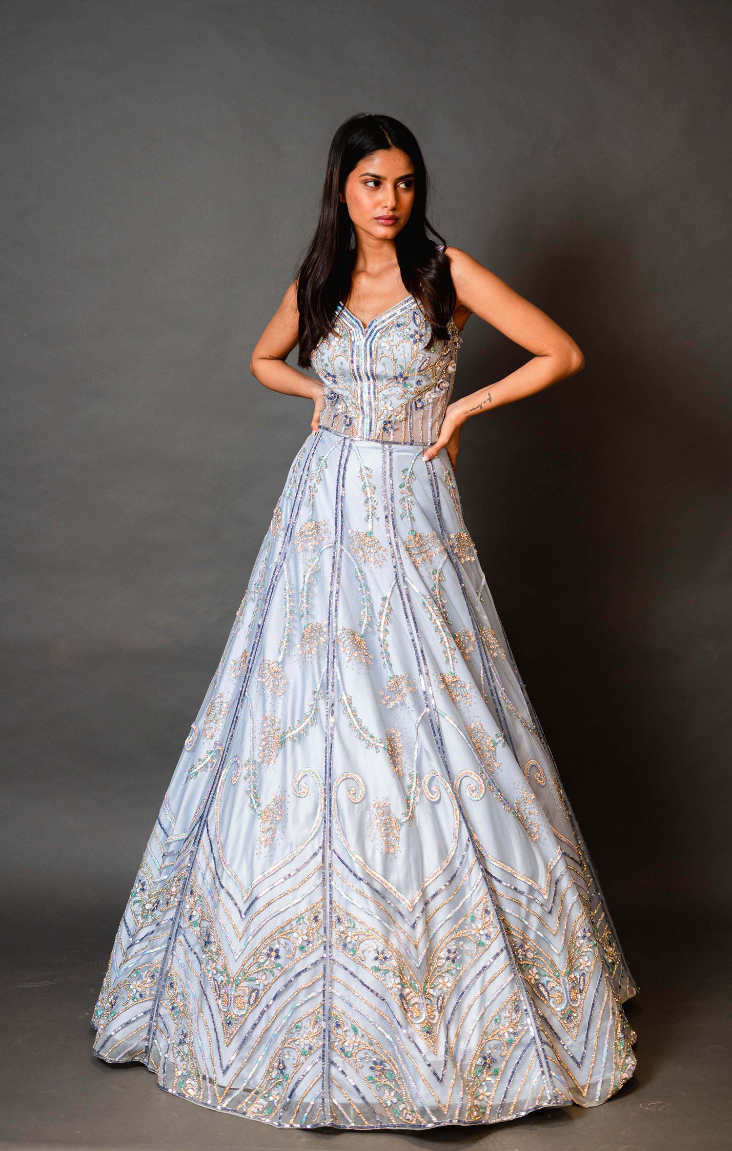 Sky Blue Bridal Gown With Multicolour Work