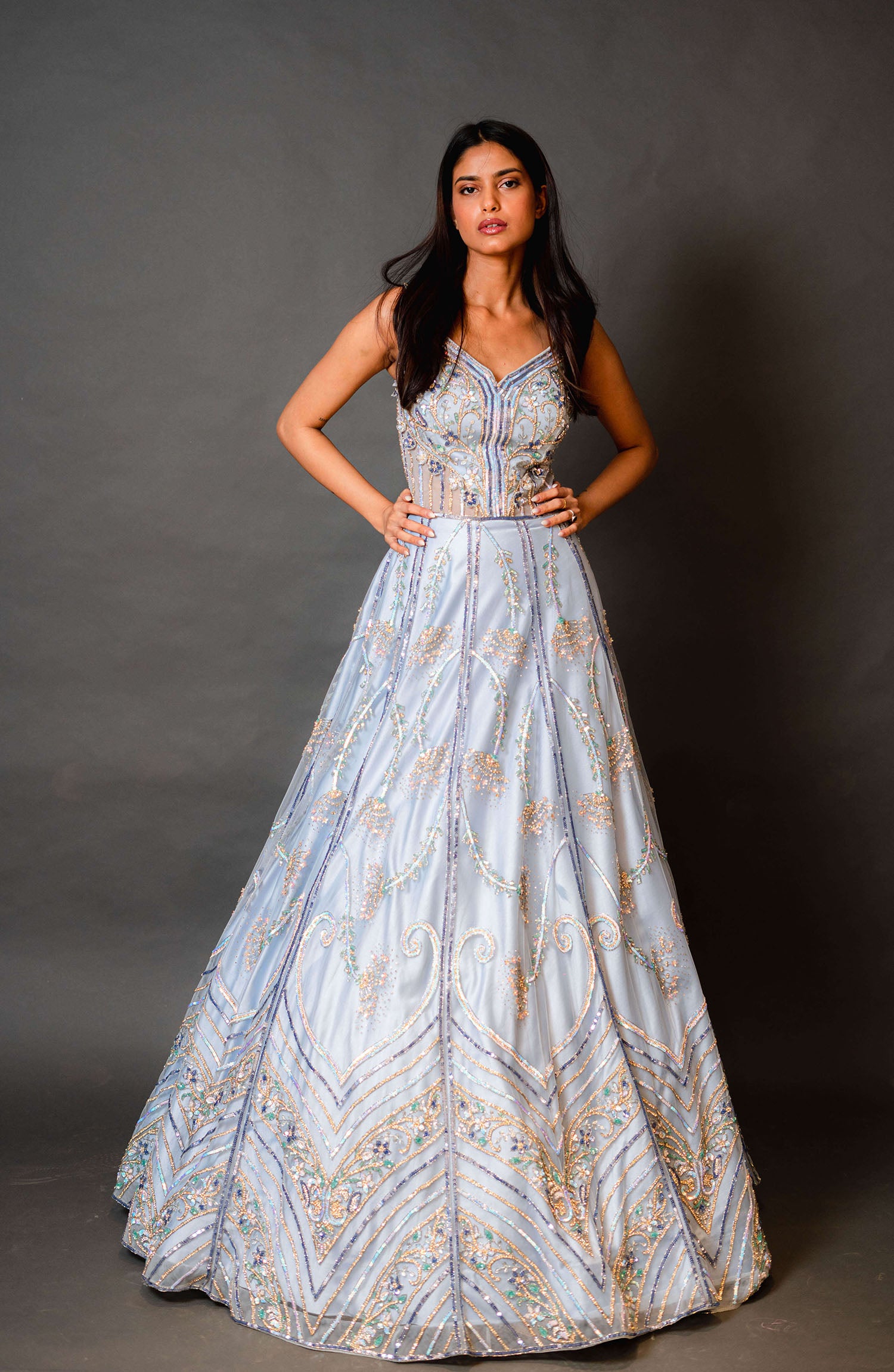 Sky Blue Bridal Gown With Multicolour Work
