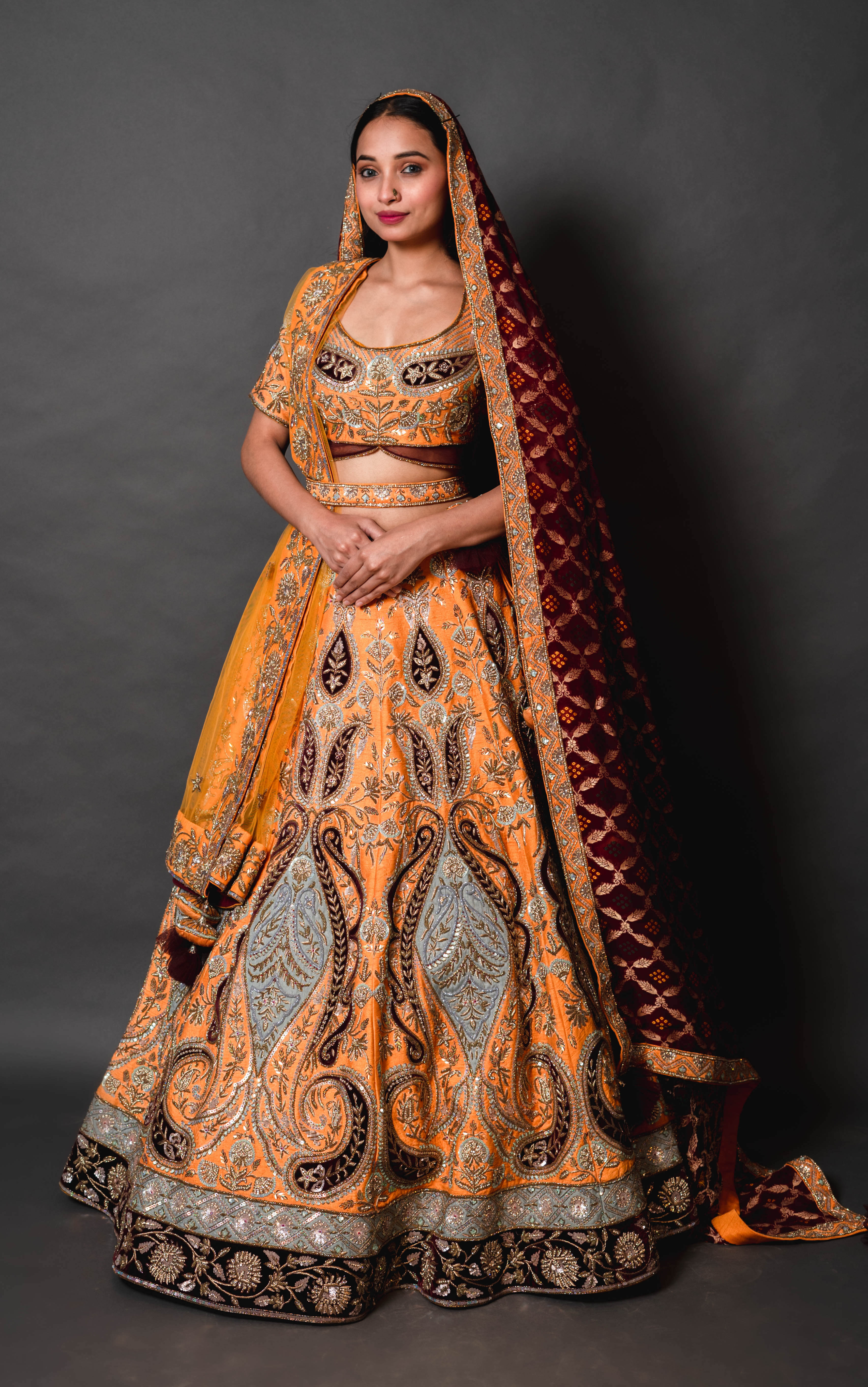 Mustard Yellow Silk Lehenga with Maroon Banarasi Duppata