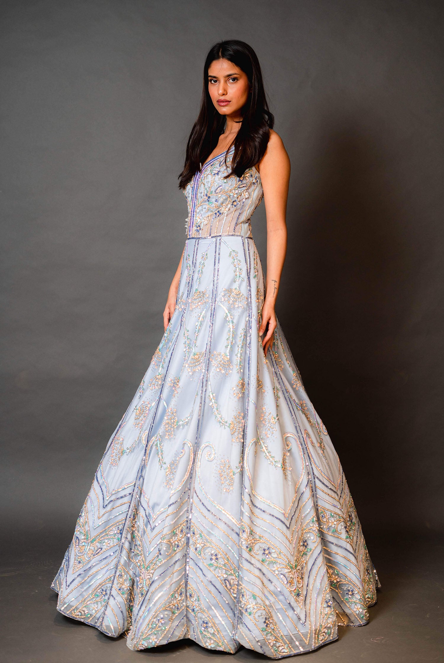 Sky Blue Bridal Gown With Multicolour Work