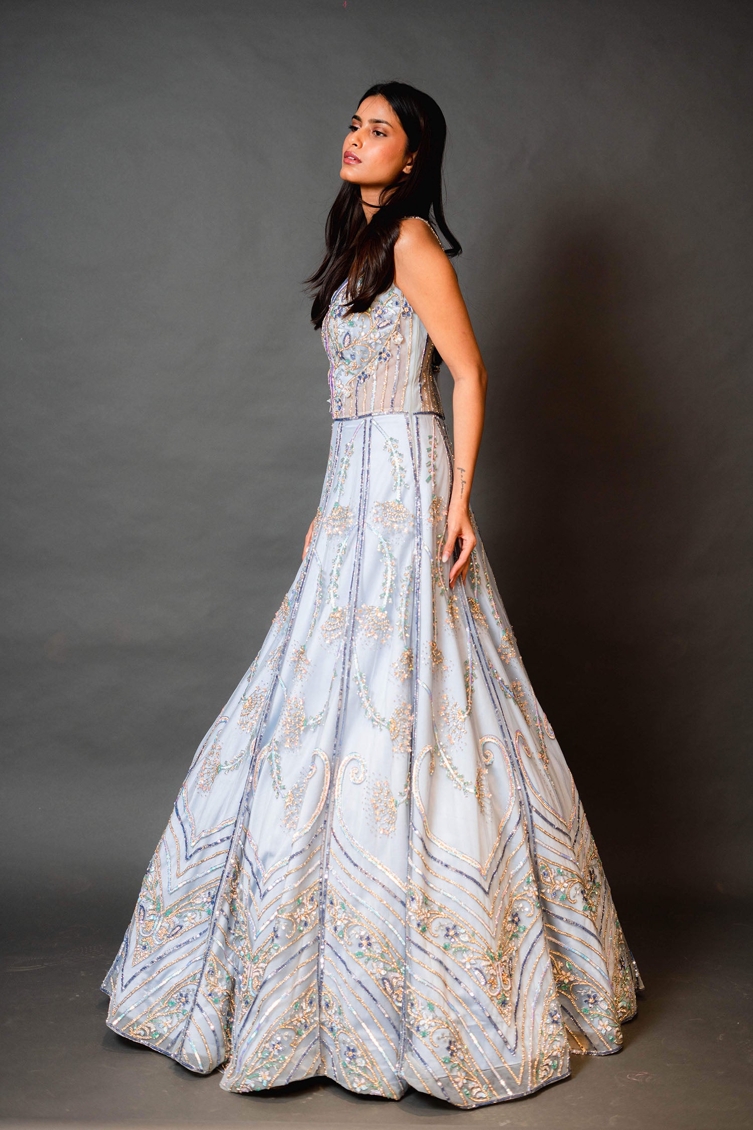 Sky Blue Bridal Gown With Multicolour Work