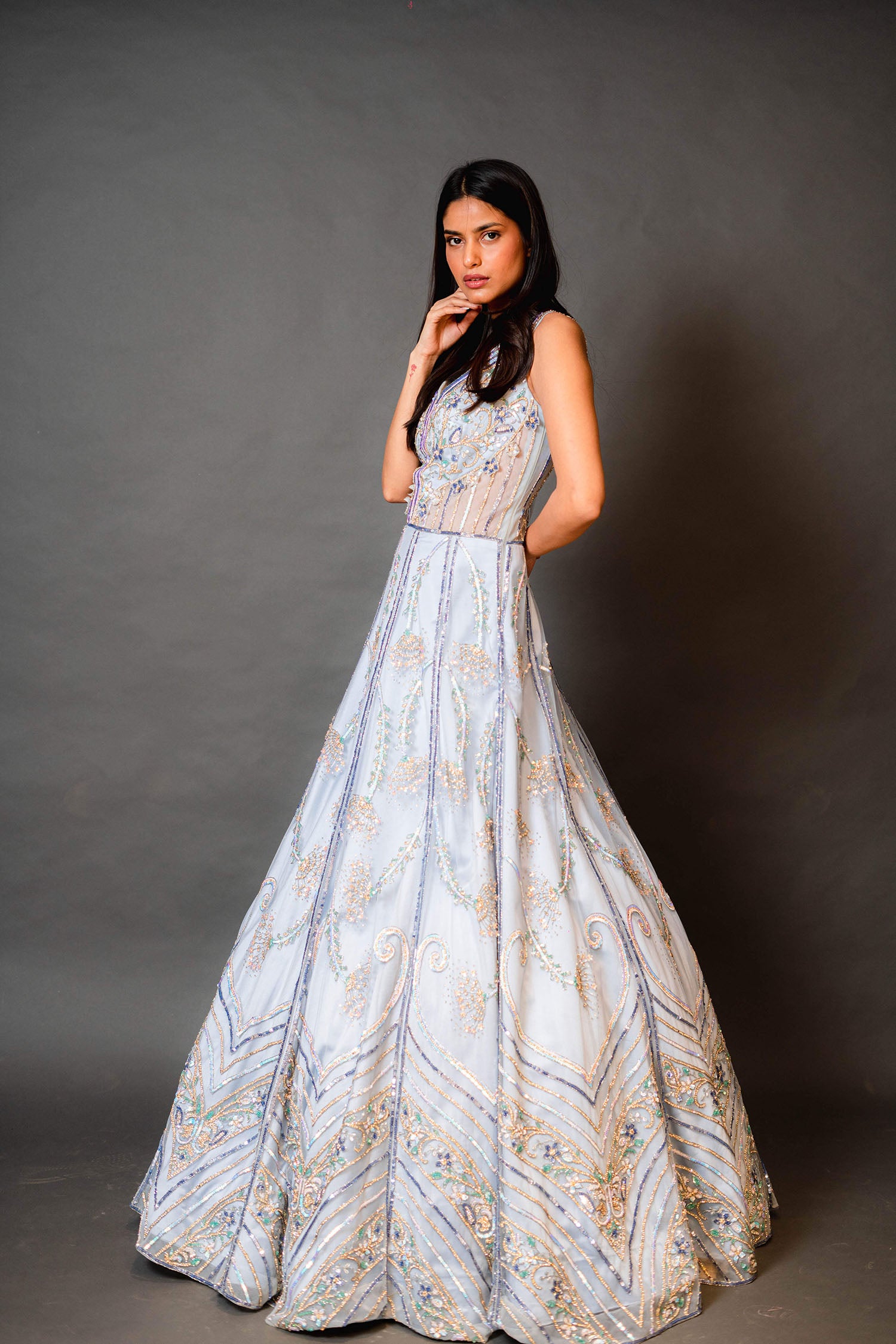 Sky Blue Bridal Gown With Multicolour Work