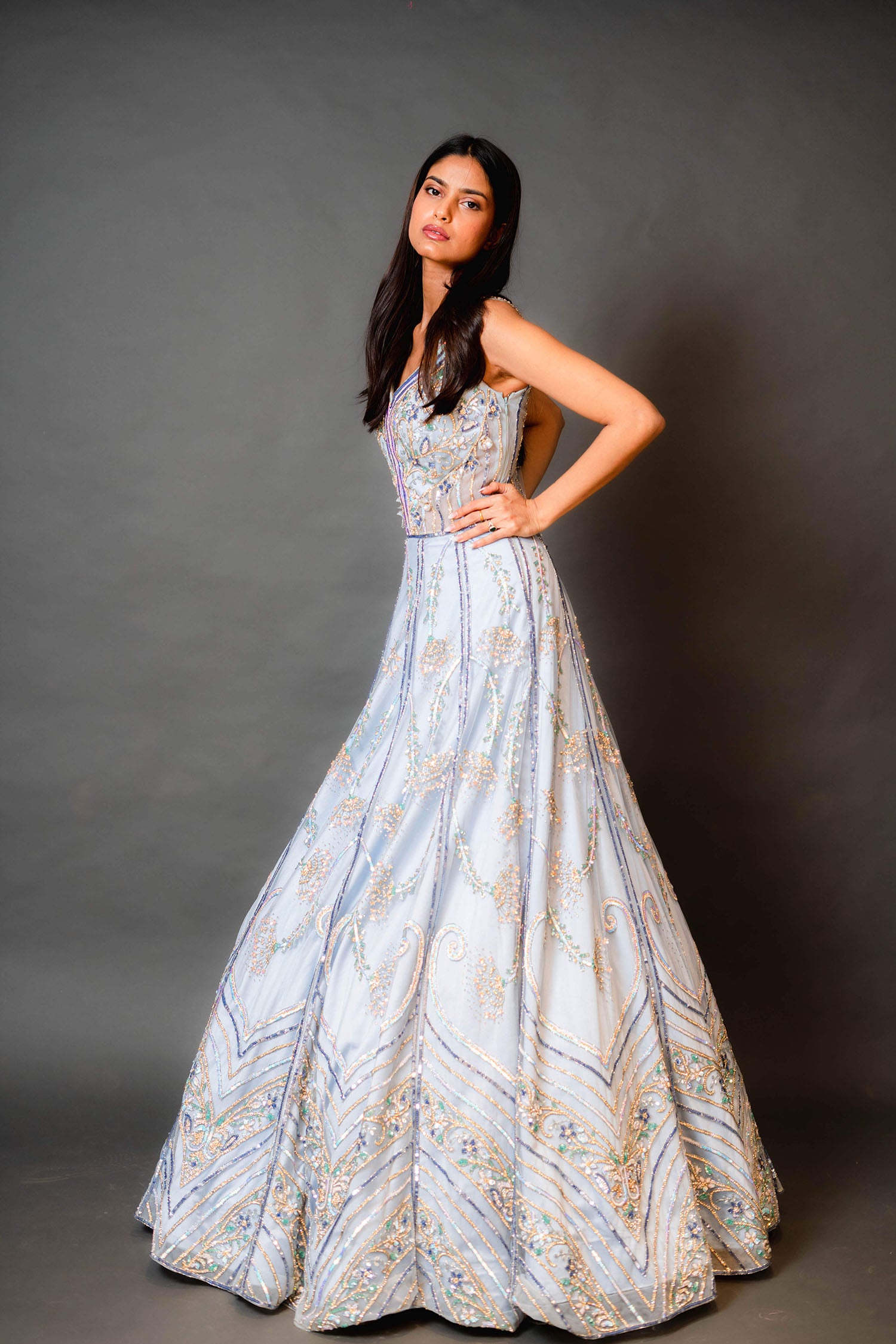 Sky Blue Bridal Gown With Multicolour Work