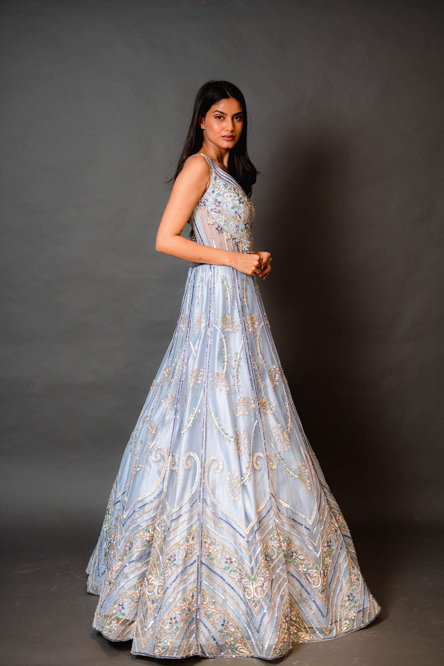 Sky Blue Bridal Gown With Multicolour Work