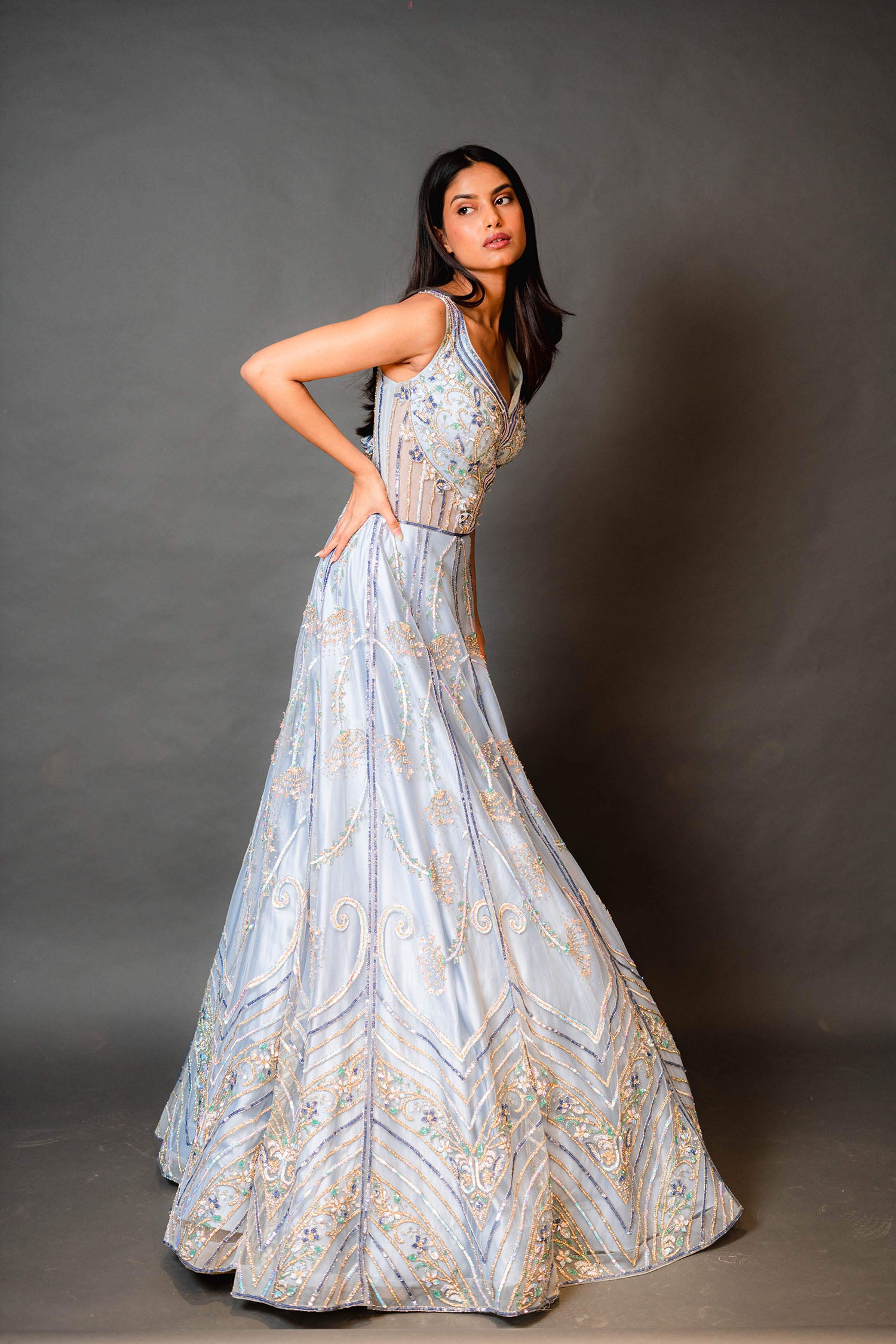 Sky Blue Bridal Gown With Multicolour Work