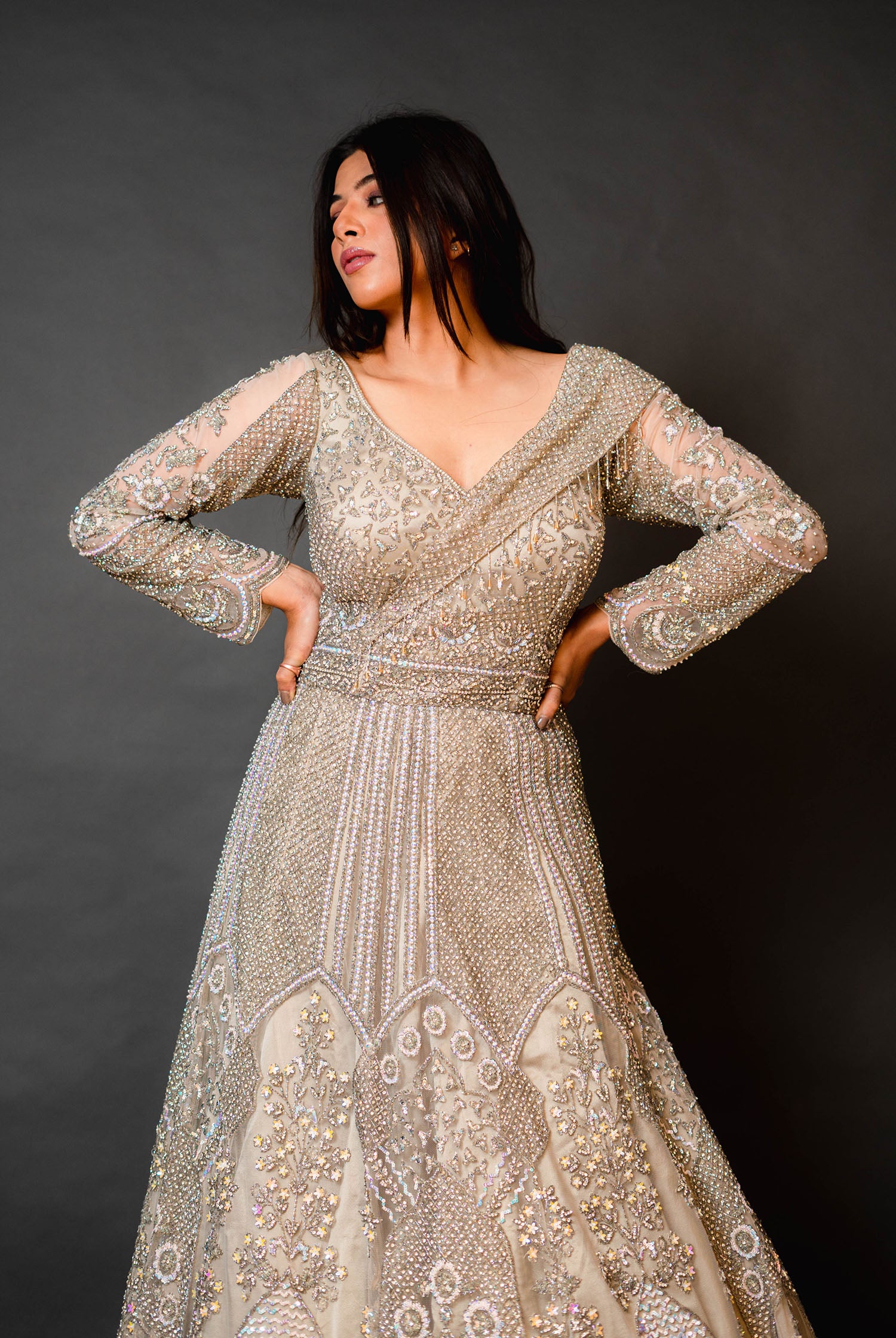 Golden Bridal Gown with Sequin Work