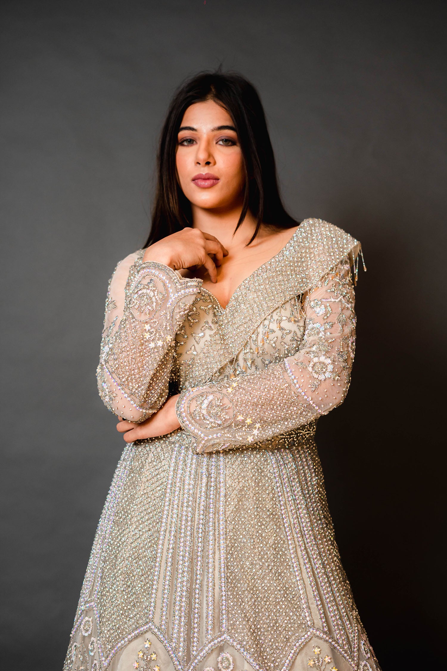 Golden Bridal Gown with Sequin Work