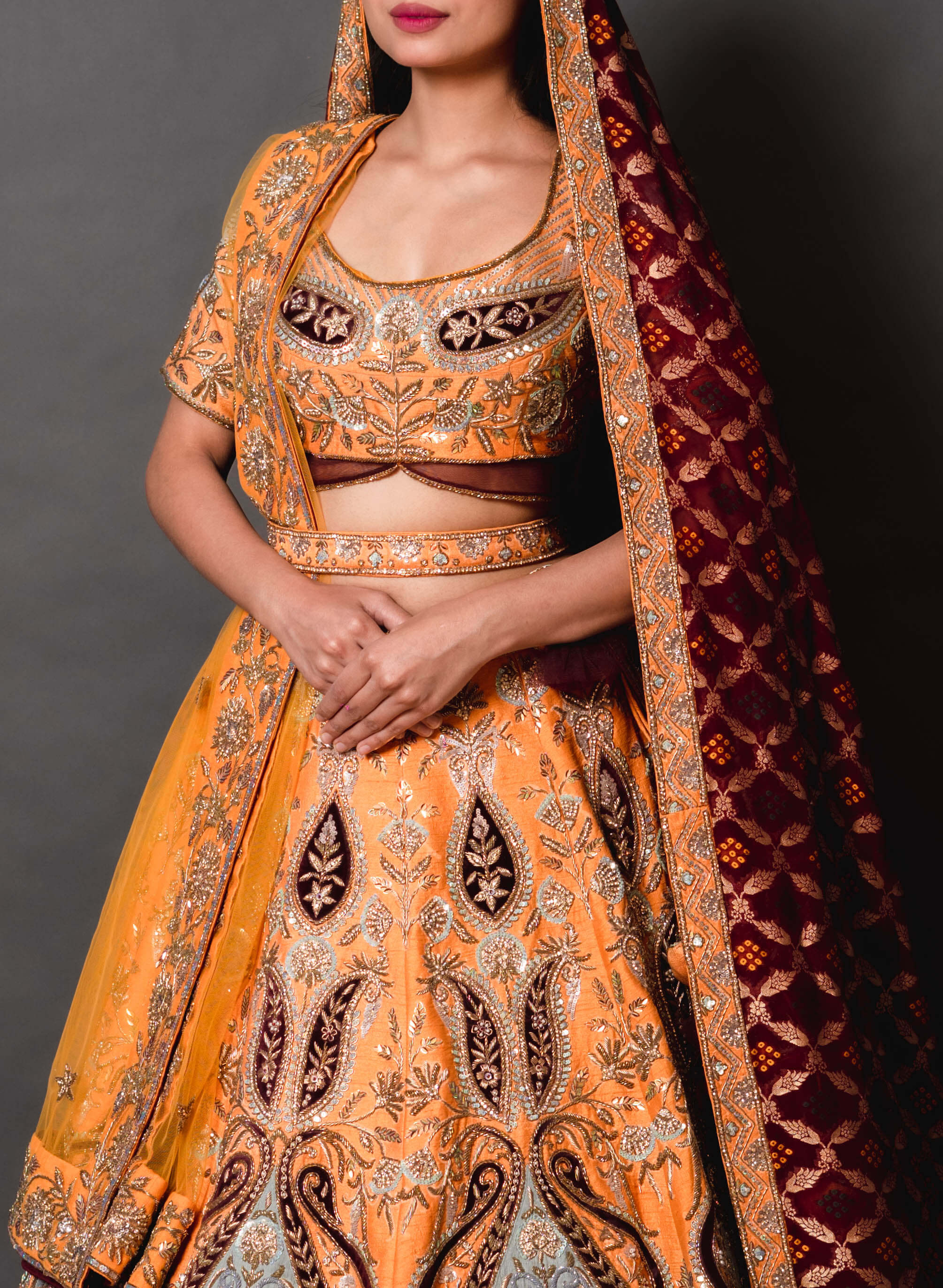 Mustard Yellow Silk Lehenga with Maroon Banarasi Duppata