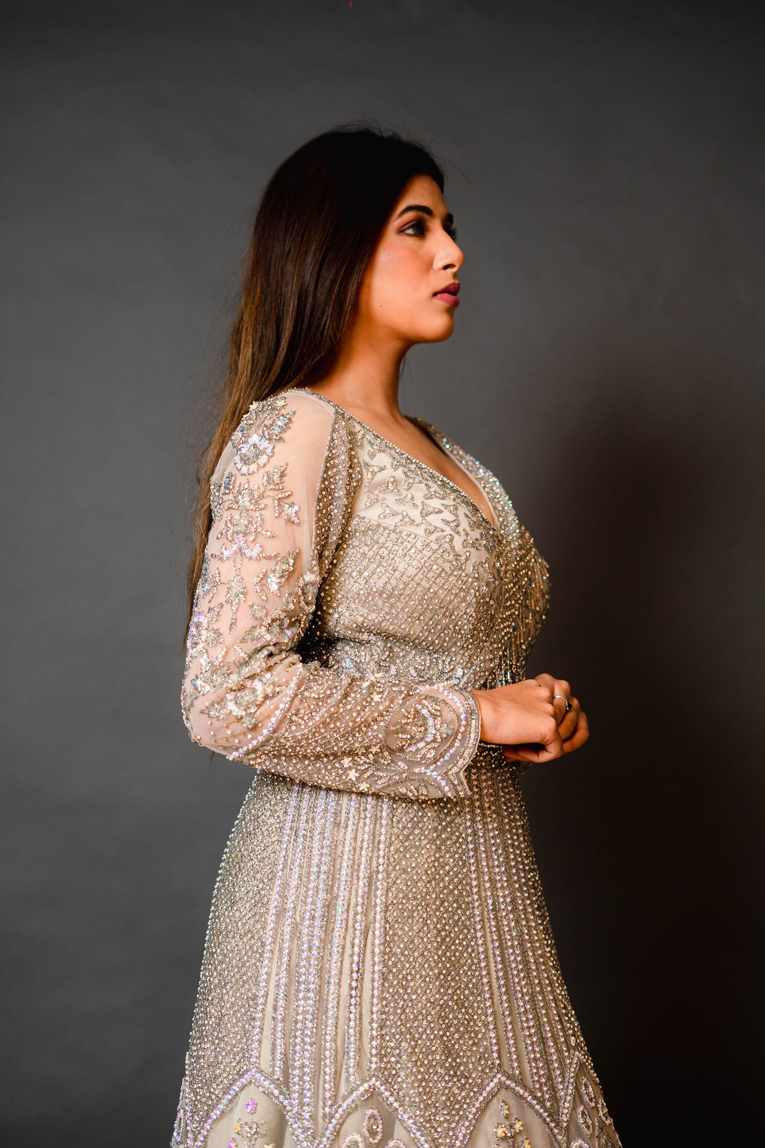 Golden Bridal Gown with Sequin Work