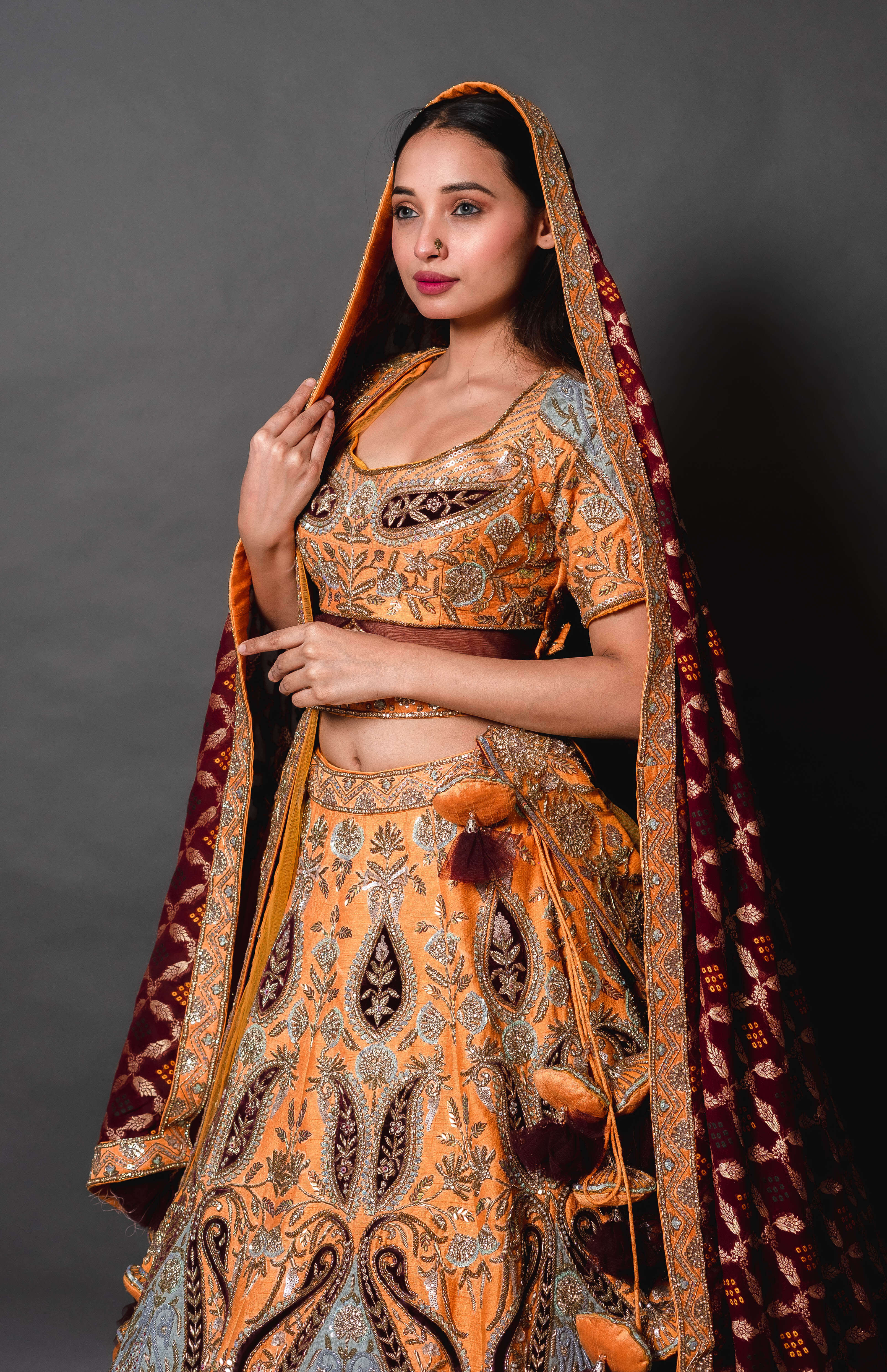Mustard Yellow Silk Lehenga with Maroon Banarasi Duppata
