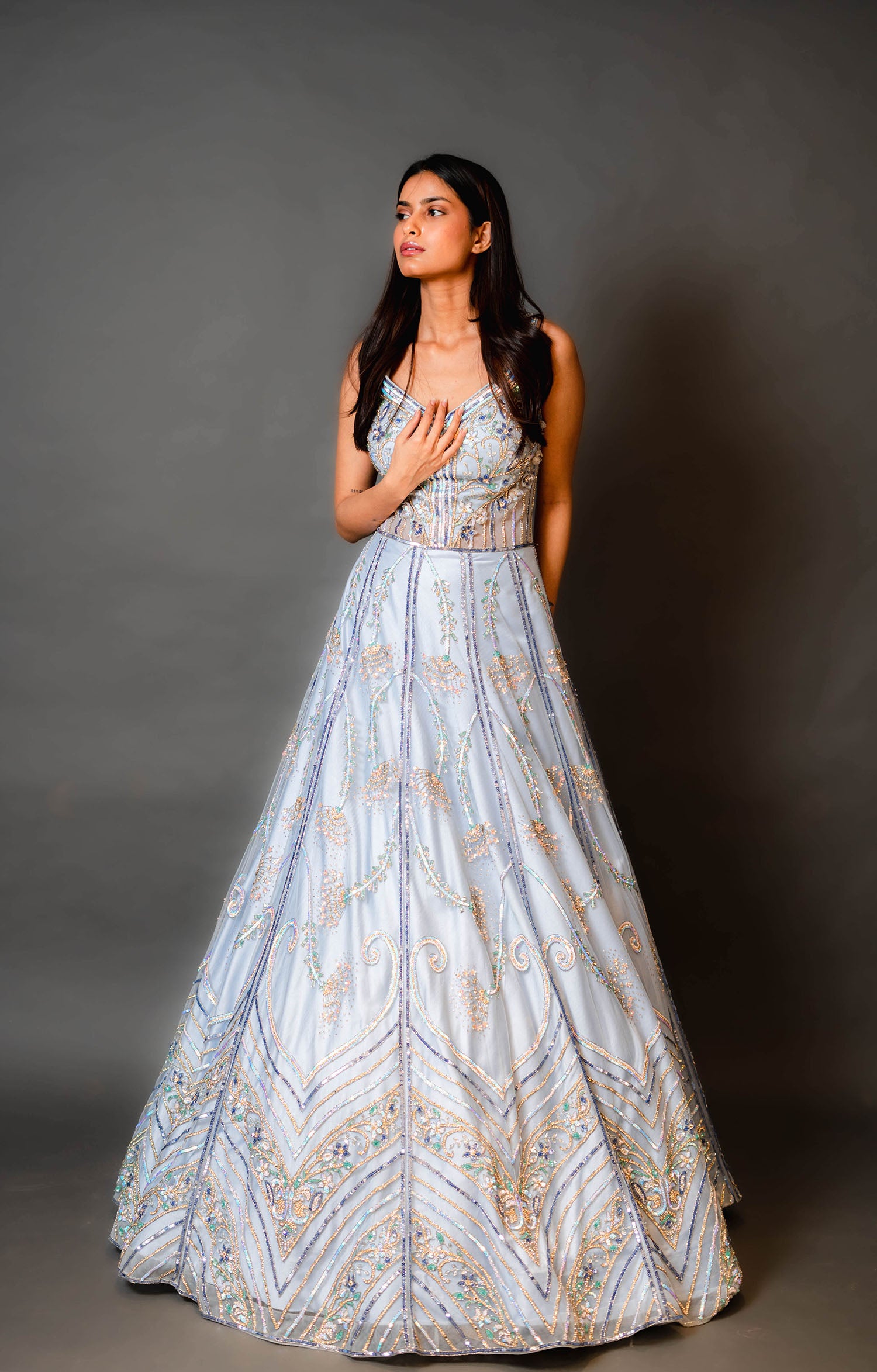 Sky Blue Bridal Gown With Multicolour Work